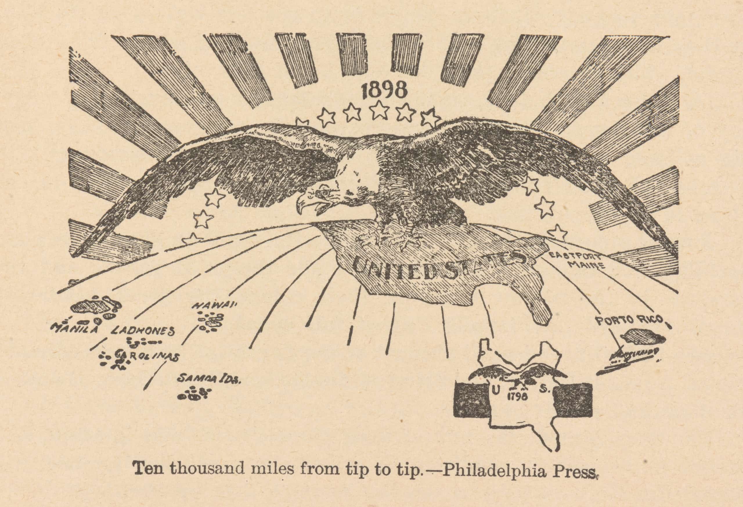 Drawing of bald eagle standing over the globe with its wingspan spanning from the Philippines to Puerto Rico. The year "1898" is labeled above.