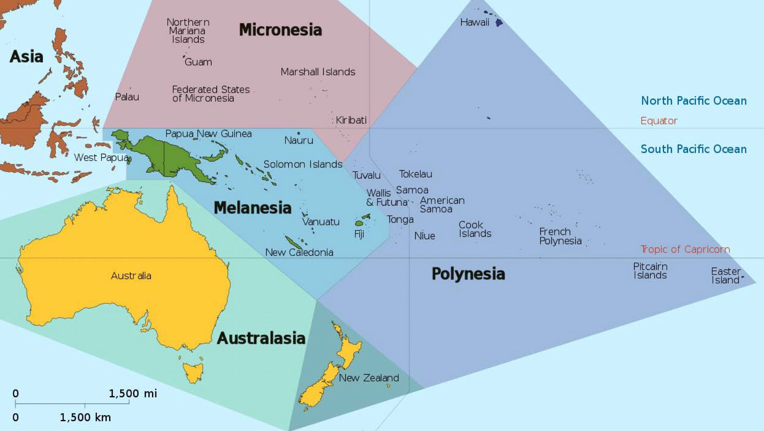 A map of Oceania. The subregions of Micronesia, Melanesia, Australasia, and Polynesia are highlighted in various colors.