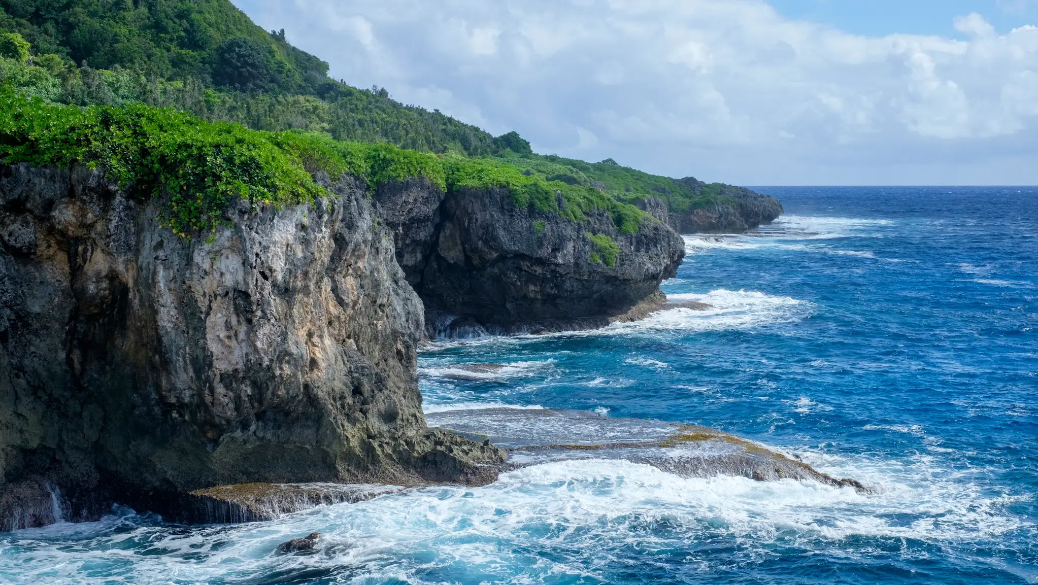 The coast of Pågat during the daytime with limestone cliffs topped with dense verdant foliage. On the right, foaming waves crash onto the cliffs.