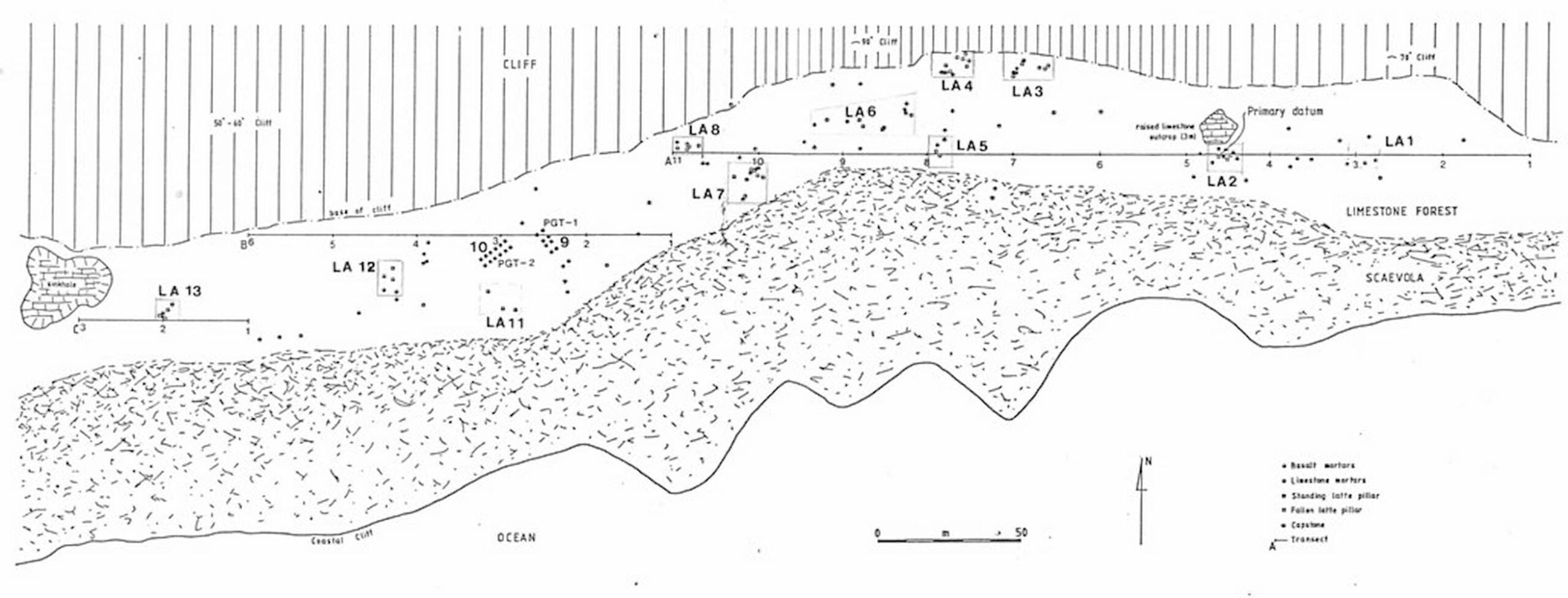 Illustrated top-down view of the archaeological site plan of Pågat. Fallen and standing latte, capstone, limestone and basalt mortars are marked.