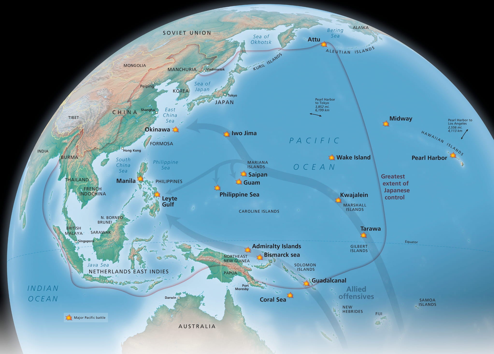 Globe shaped map marks the major battles of World War II using yellow explosion icons. A faint red line shows the extent of Japan's control.