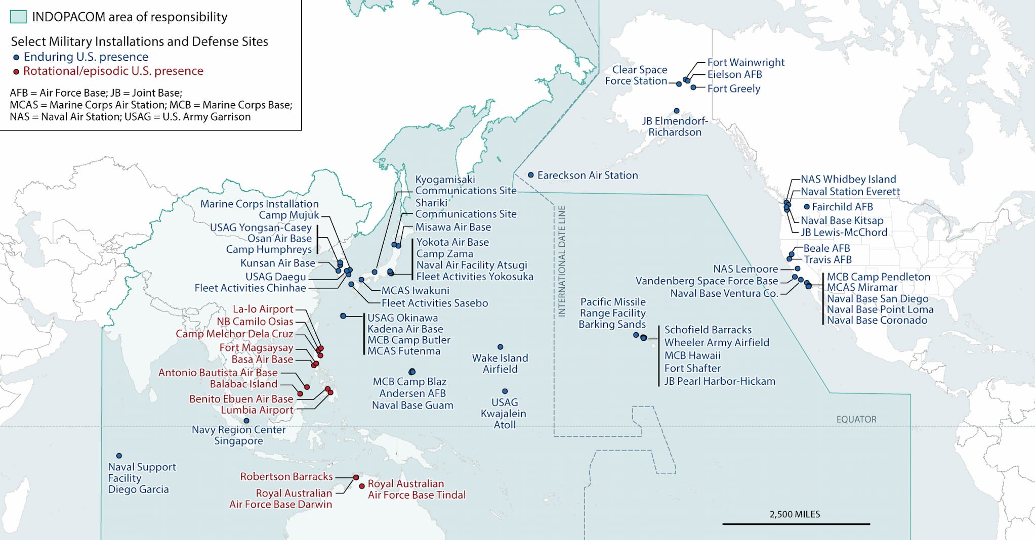 Map marks the enduring and rotational U.S. military installations and defense sites in the Indo-Pacific Region.