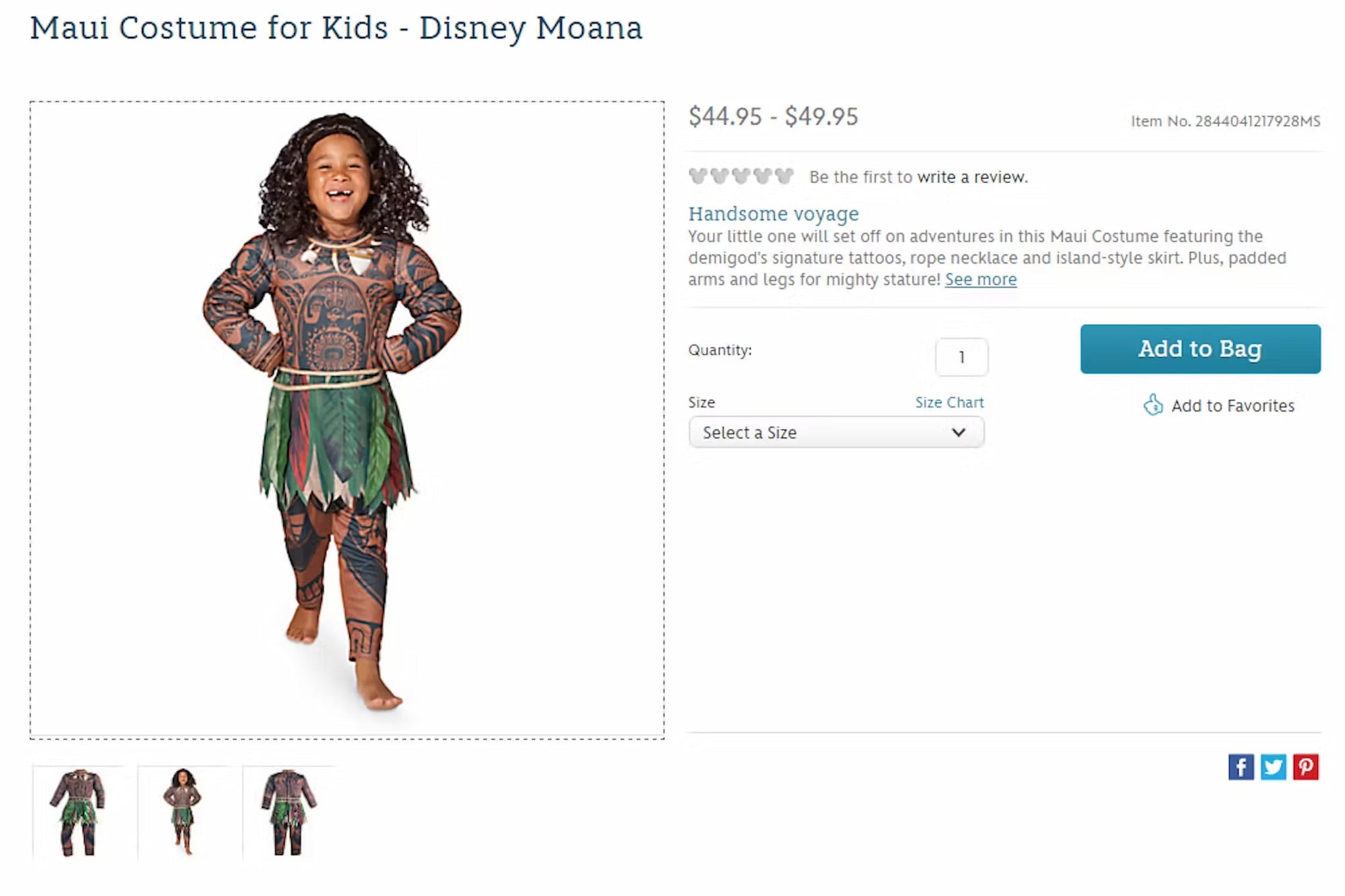 Merchandise listing for a Maui costume for kids. A child models the costume, which is a grass skirt and a skin-colored bodysuit showing his tattoos.