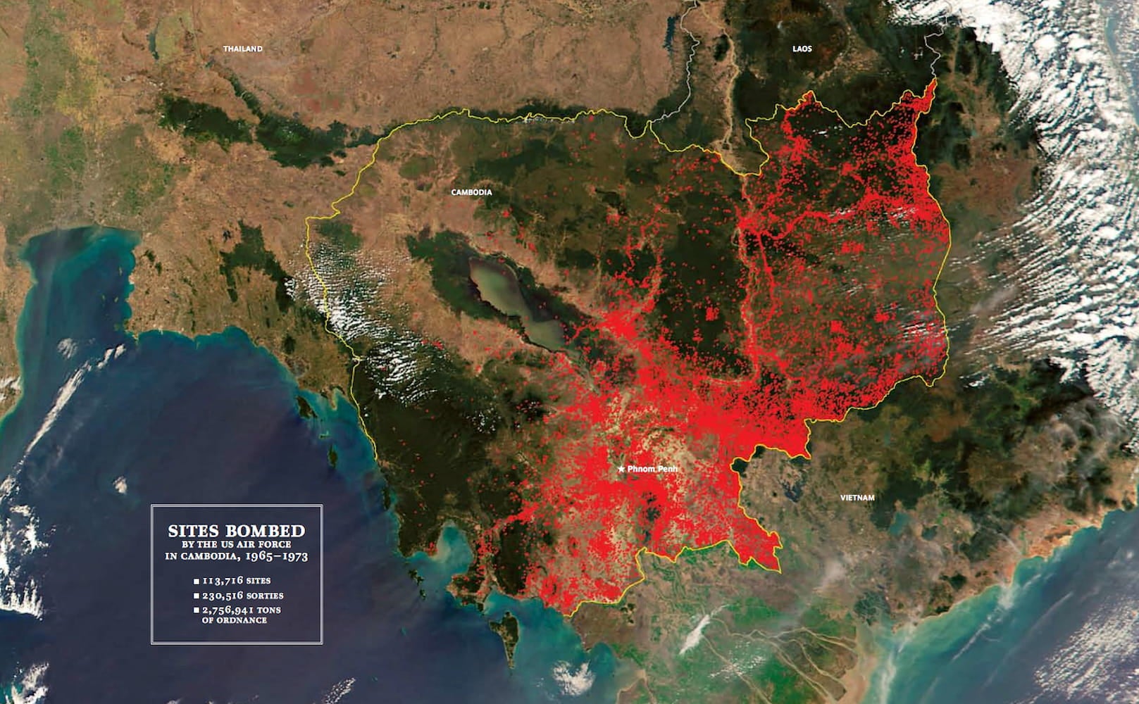 The map shows US bombing sites in Cambodia marked by red dots.