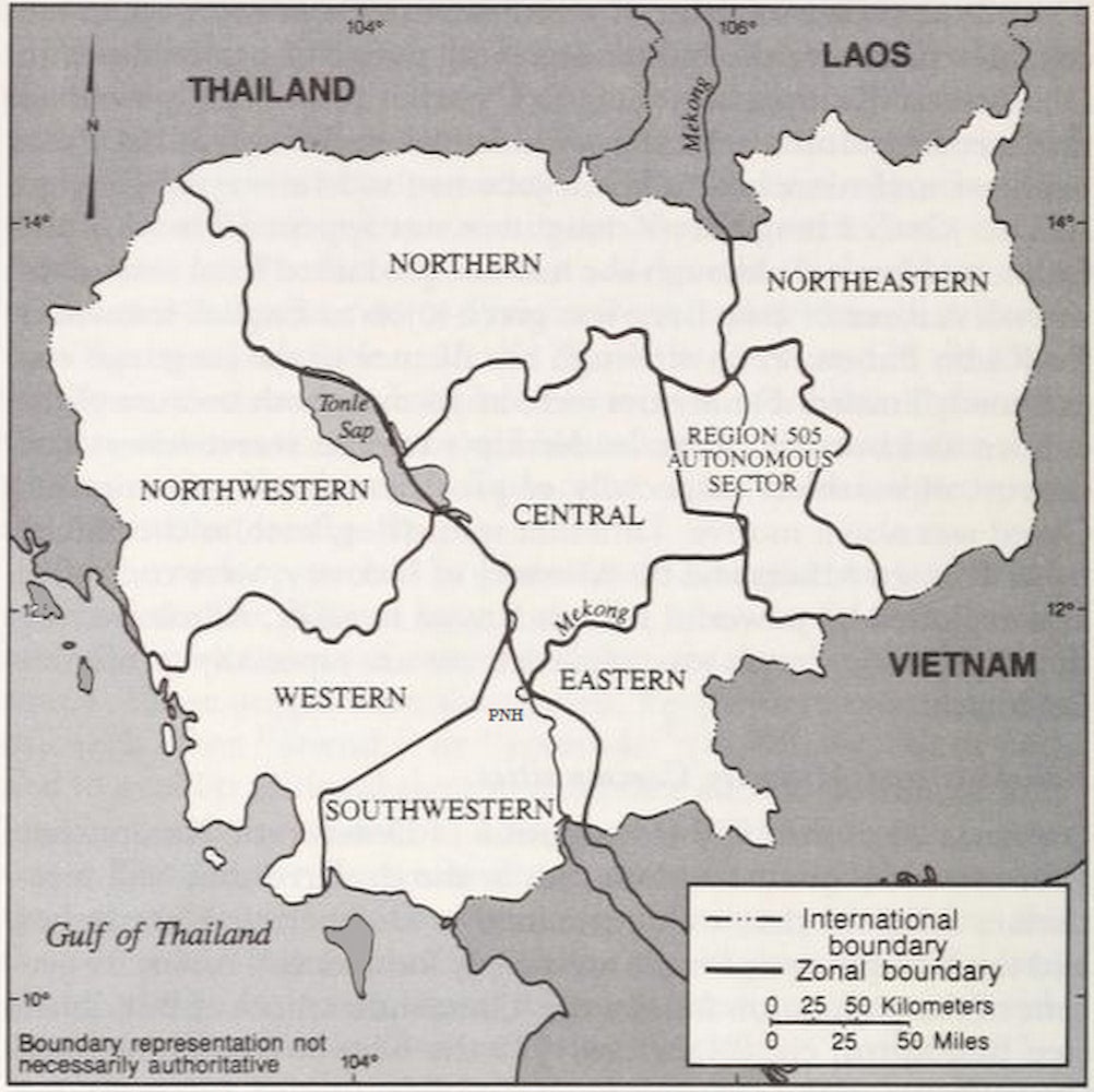 The map, rendered in black and white, shows the administrative zones for Democratic Kampuchea with parts of Thailand, Laos and Vietnam also noted.