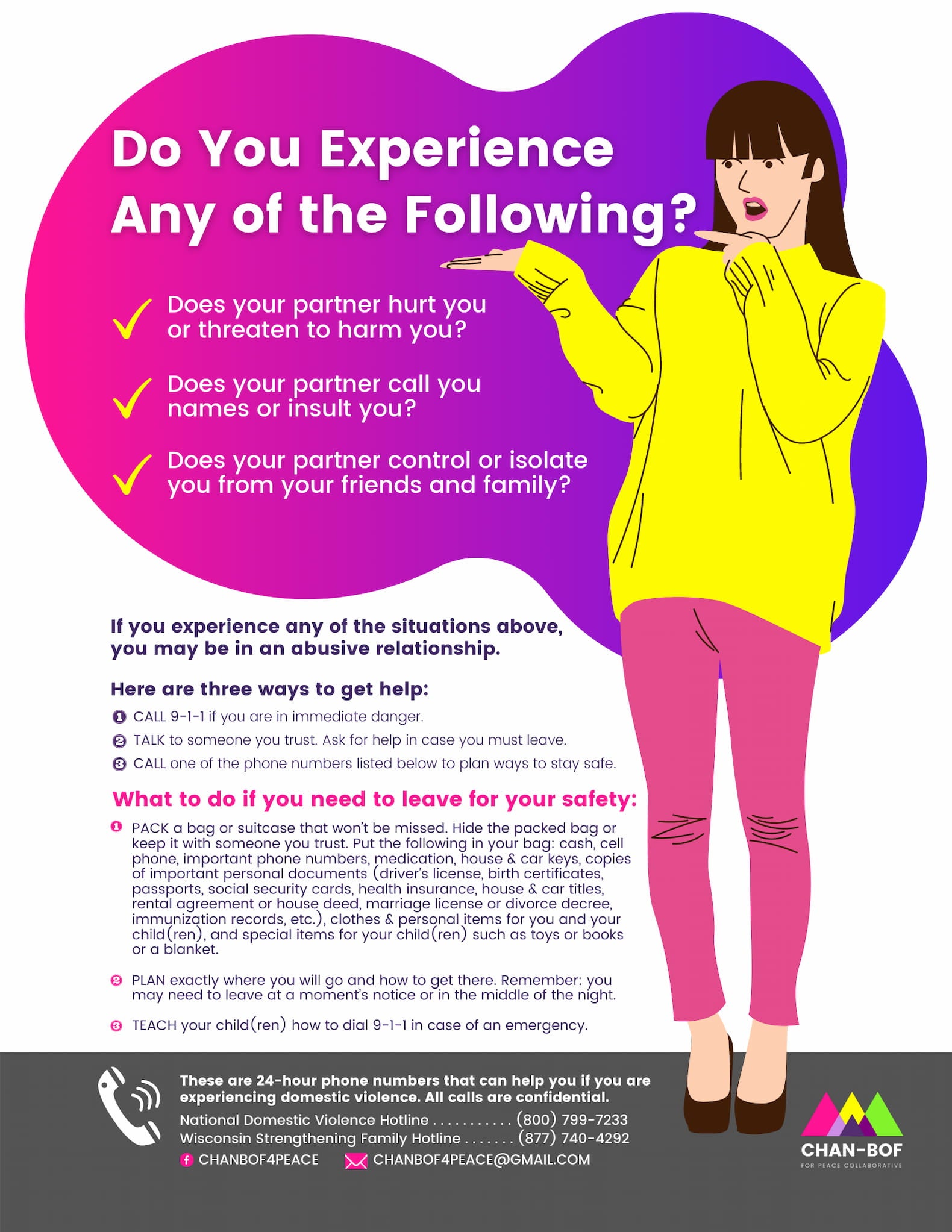 A safety plan on abusive relationships, in English. Beside a drawing of a woman in a brightly colored clothing is a text bubble on signs of abuse.