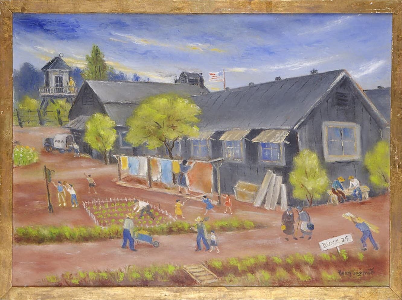 A wood-framed canvas and oil painting depicts a scene at Camp Jerome. People walk in front of barracks while children play and a woman hangs laundry.