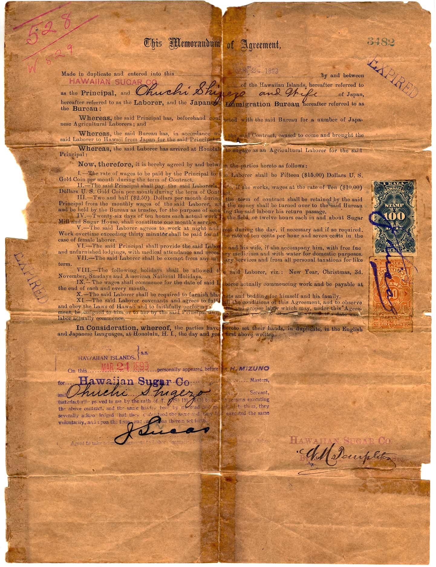 A labor contract between the Hawaiian Sugar Co. and a Japanese laborer, typed on browned, creased paper. Handwritten notes and signatures are present.