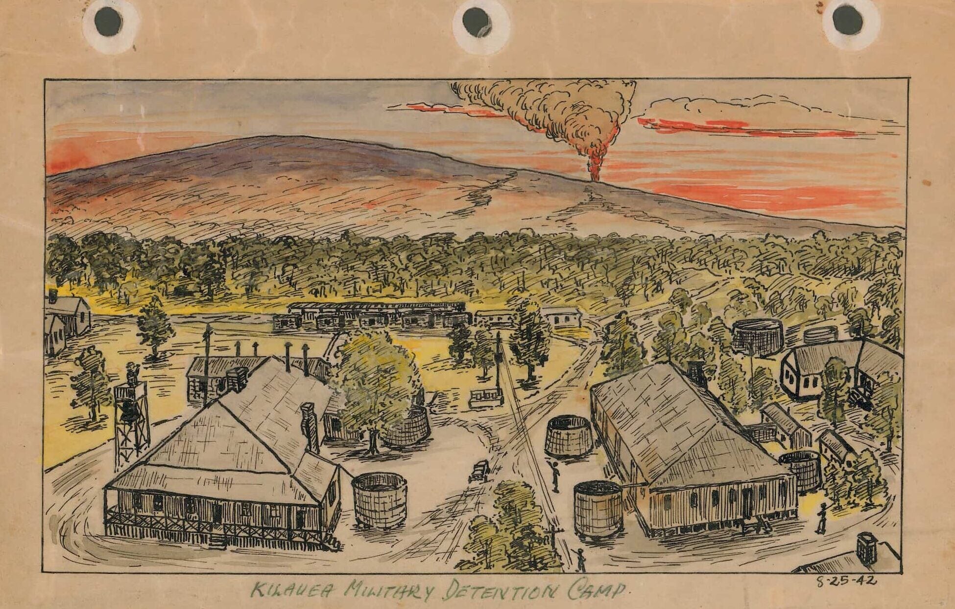 Color illustration depicts the site of Kilauea Military Detention Camp, a series of buildings at foreground with mountain slope in background.