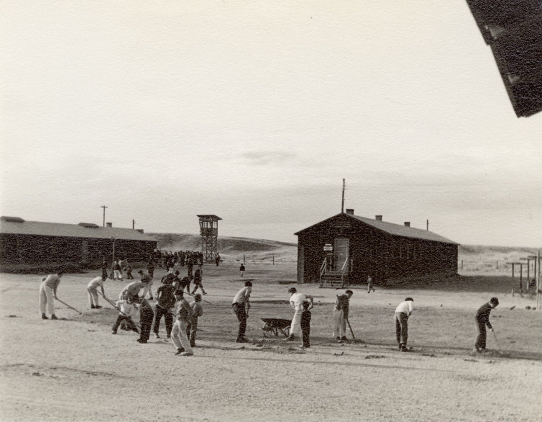 Japanese American men are scattered in the camp yard as they work with gardening equipment to maintain it. A guard post looms in the background.