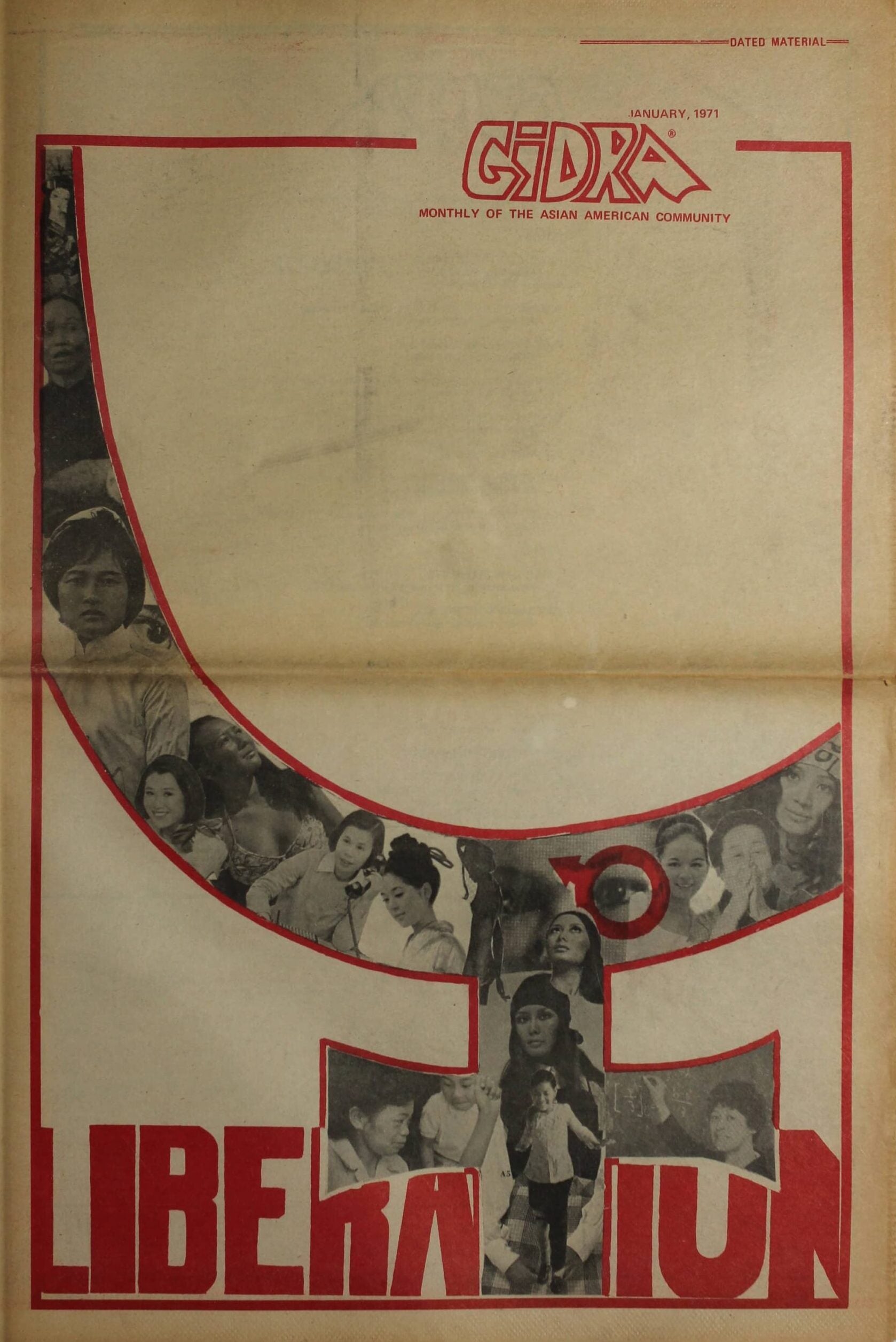 Gidra cover. The word "Liberation" appears at bottom, with the letter "t" featuring a photo collage that connects to a curved figure above.