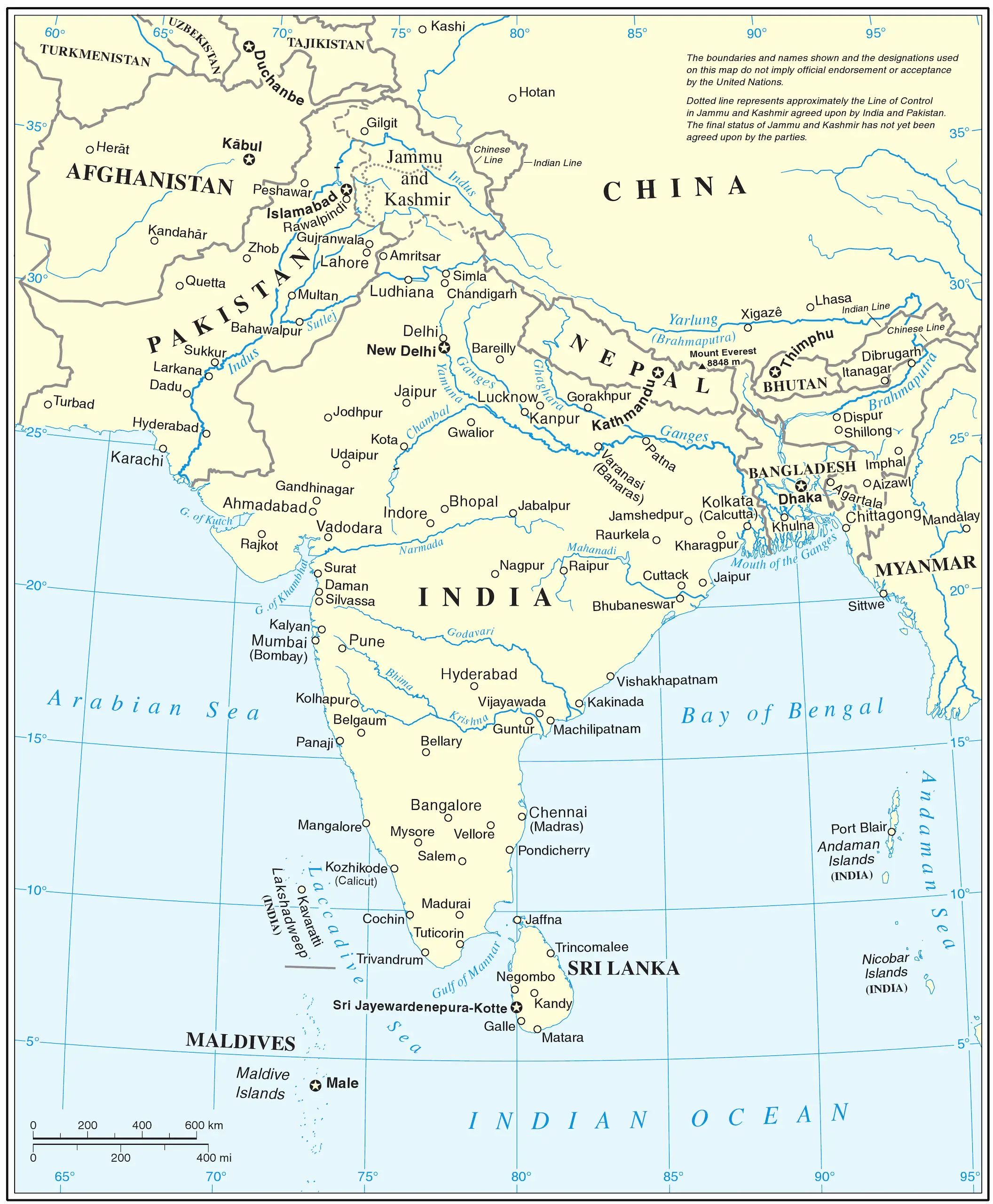 Map shows the countries that make up South Asia, with Pakistan in the north east. Countries are shaded light yellow and labeled in black.