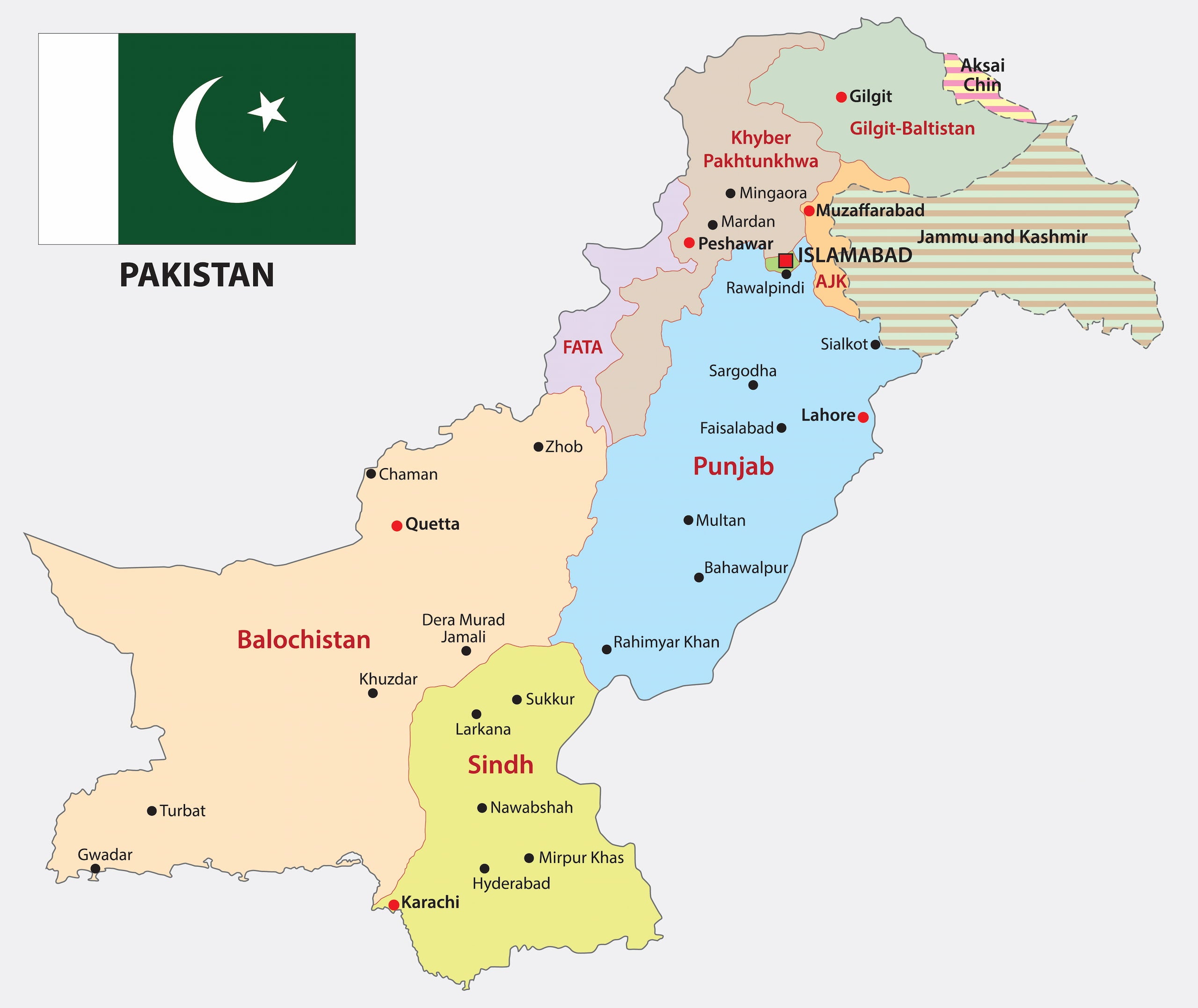 Various colors indicate provinces of Pakistan. Pakistan's flag, a dark green field with a white crescent moon and star, is in top left corner.