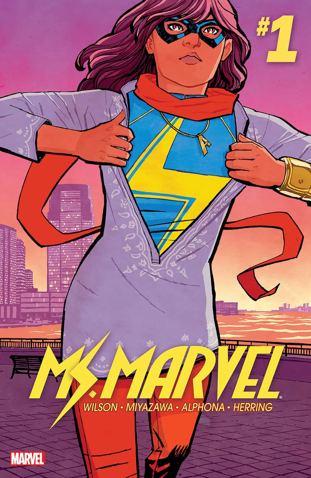 Ms. Marvel comic book cover. Kamala Khan pulls apart her lilac, patterned tunic to reveal a blue superhero suit with yellow lightning bolt beneath.