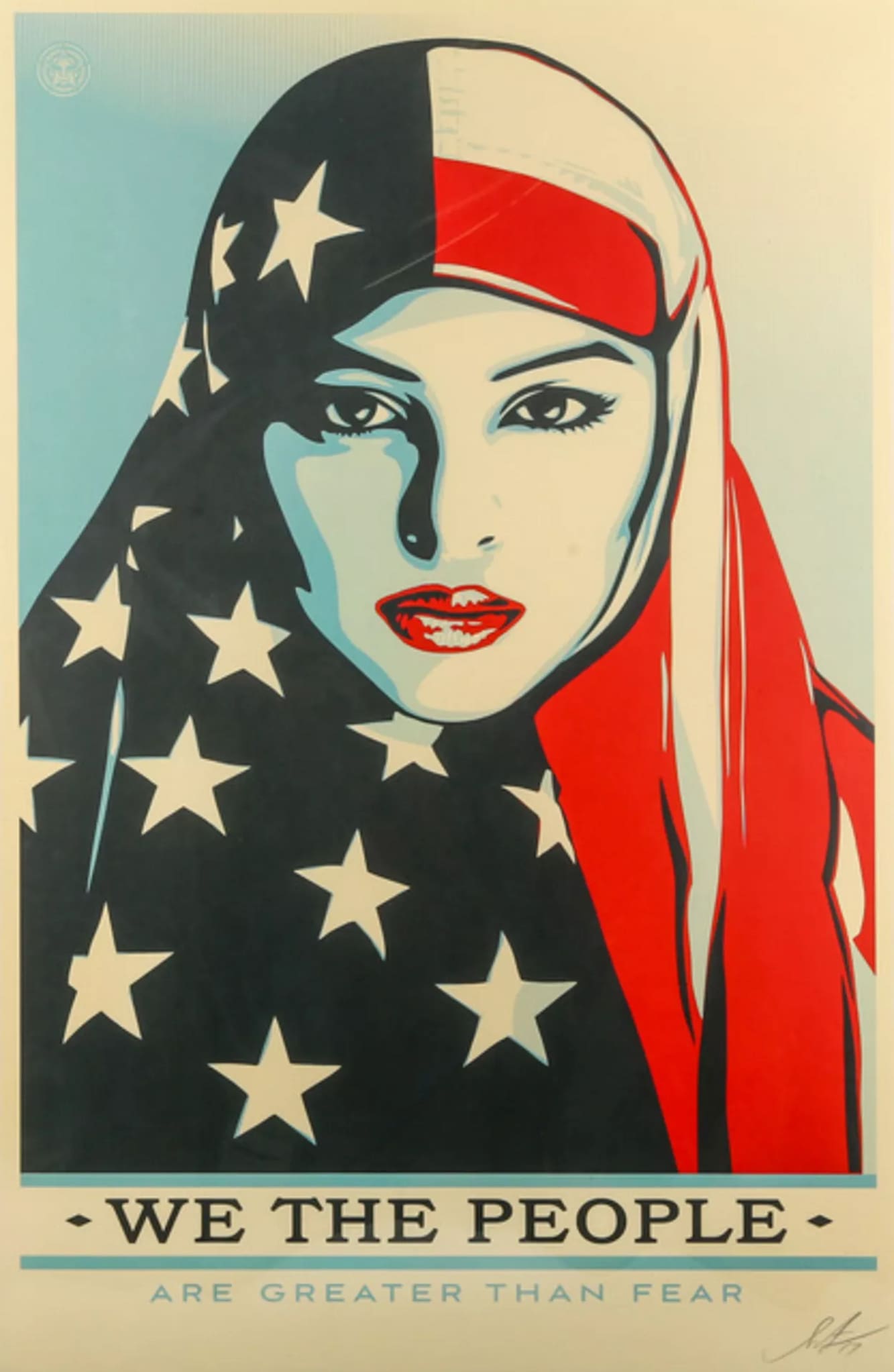 Illustrated portrait of a Muslim woman wearing a hijab made from the American flag. Text below reads, "We the People are greater than fear."