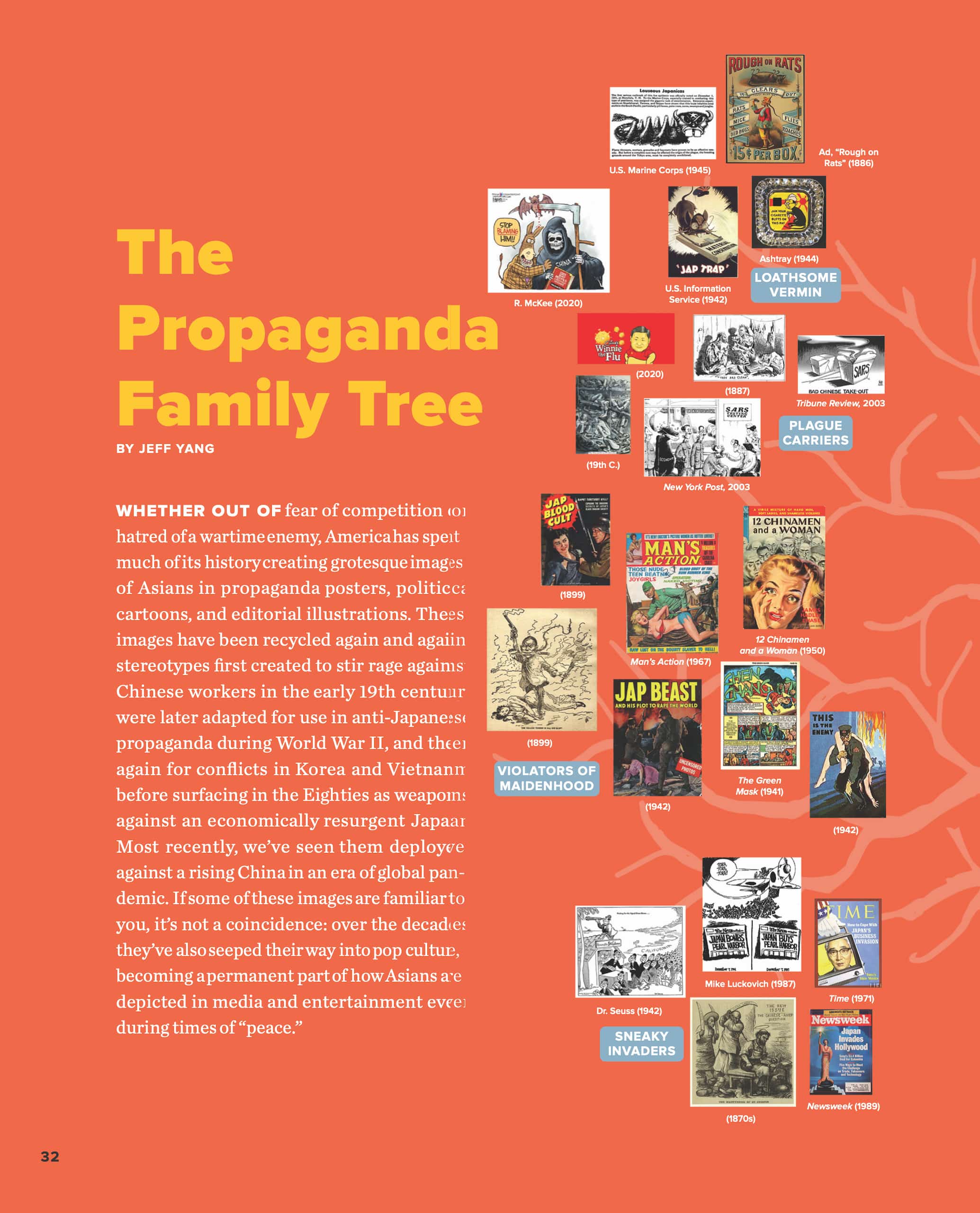 Two-page collage depicts a "family tree" of anti-Asian propaganda, ranging from movie posters, political cartoons, comics, and wartime propaganda.