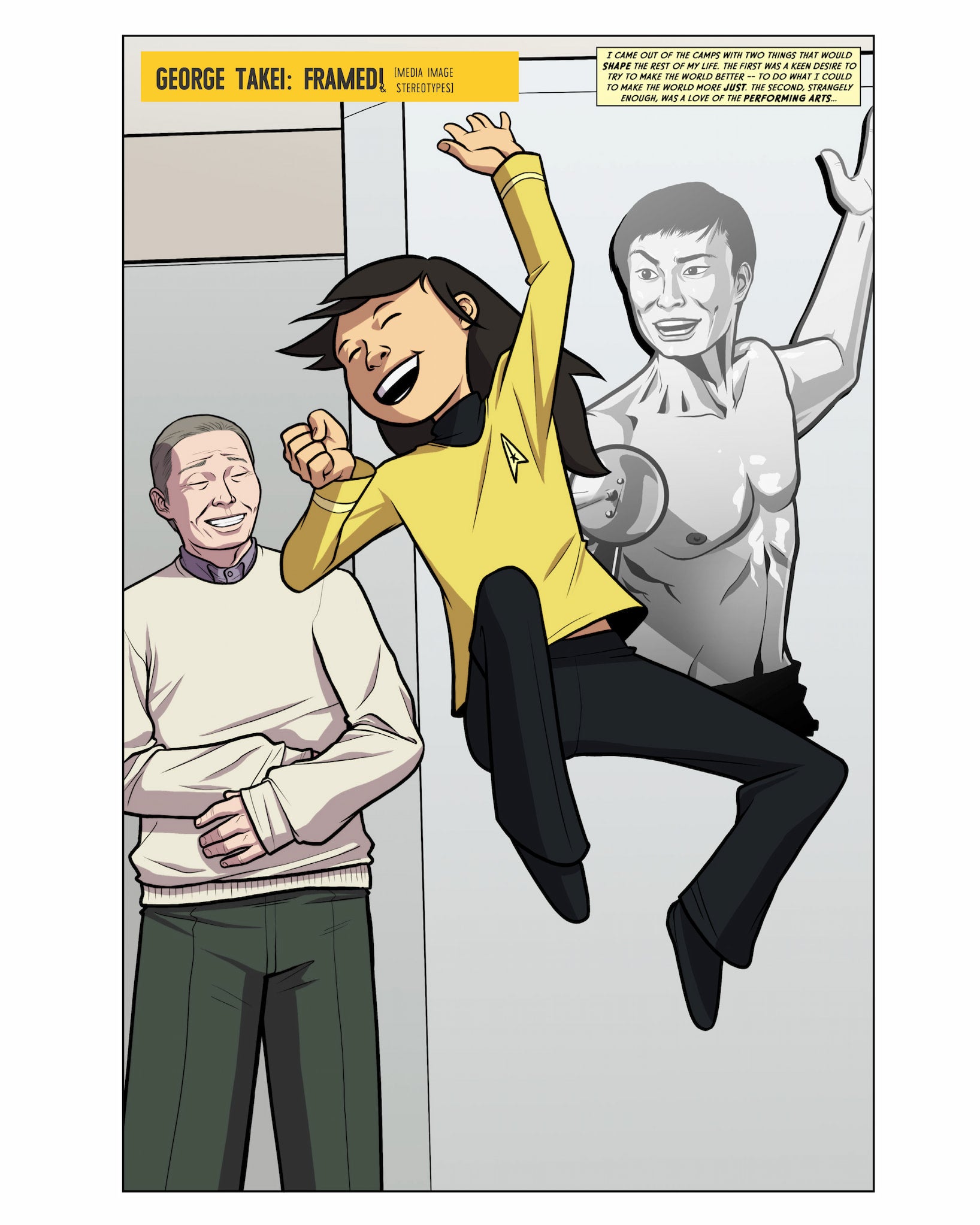 Three page sequence from graphic novel on George Takei's life, which details Takei's early love of acting and frustration with stereotypical roles.