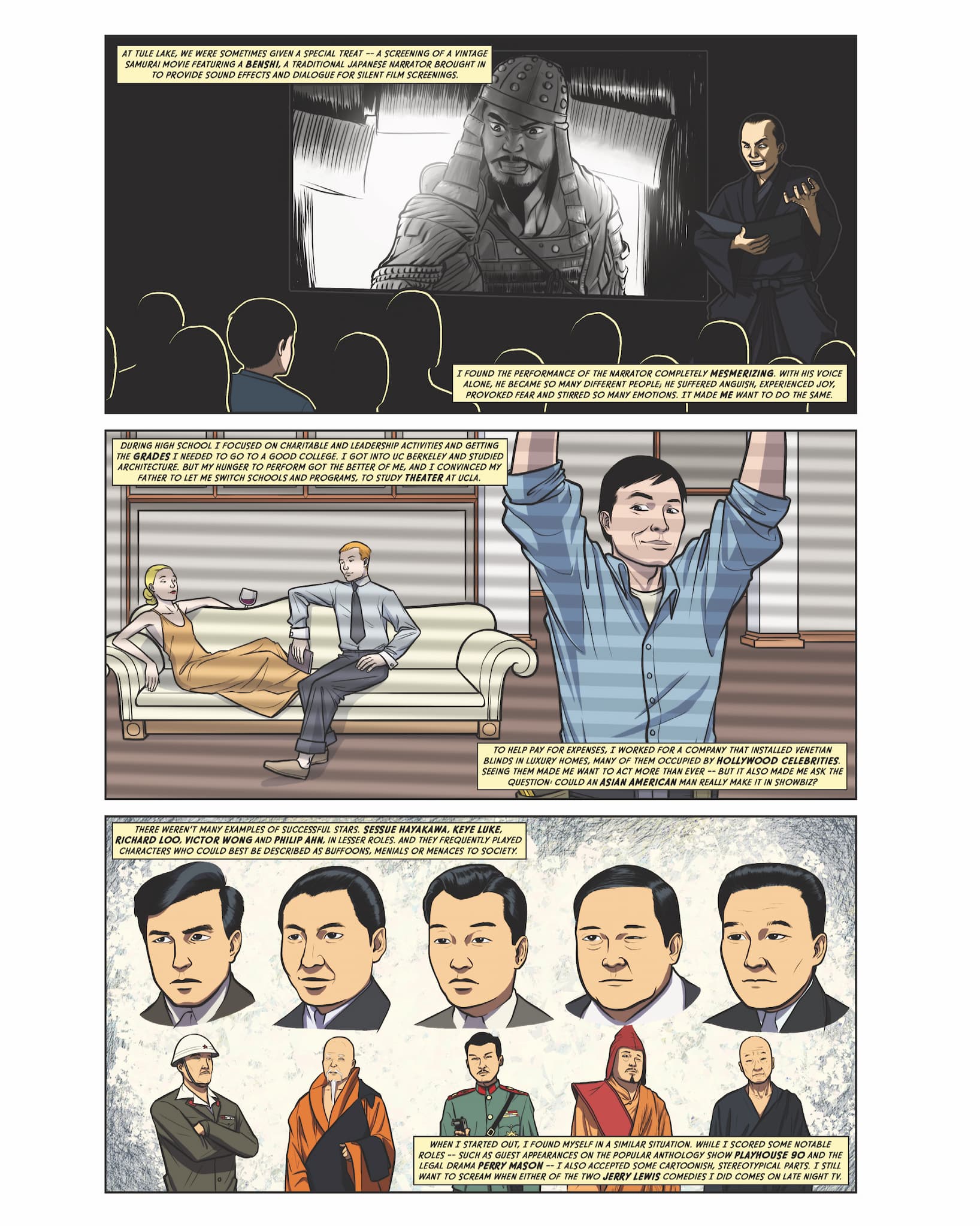 Three page sequence from graphic novel on George Takei's life, which details Takei's early love of acting and frustration with stereotypical roles.