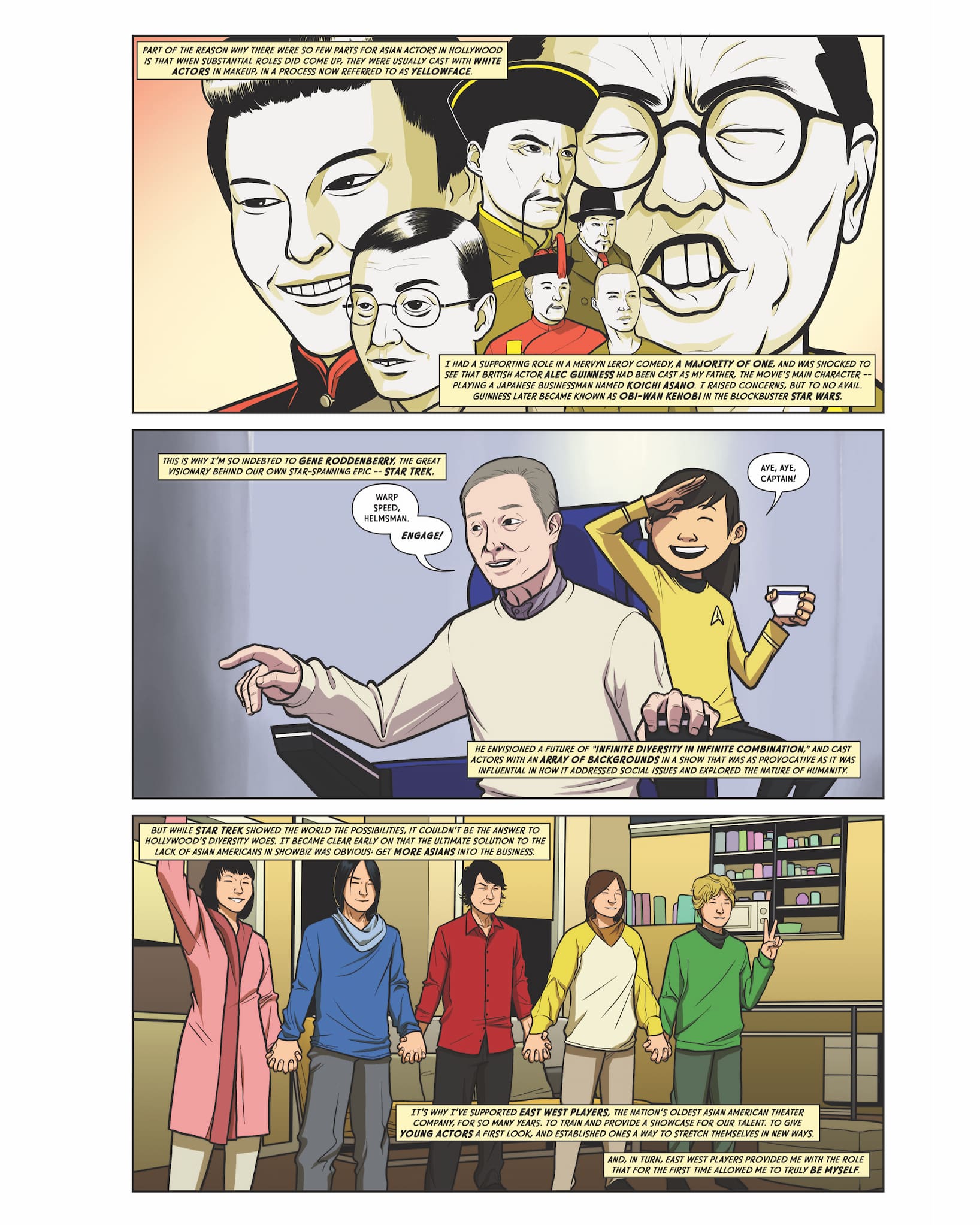 Three page sequence from graphic novel on George Takei's life, which details Takei's early love of acting and frustration with stereotypical roles.