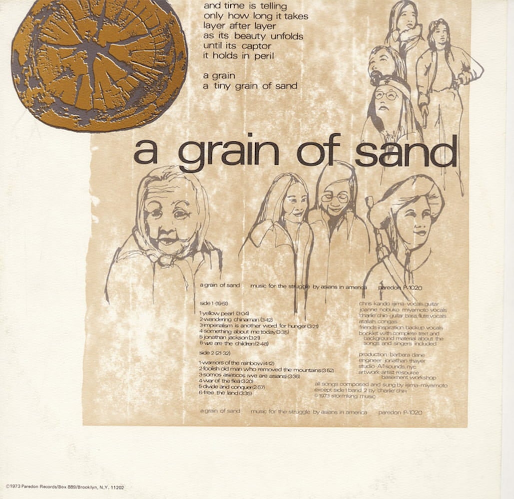 Album cover with title, A Grain of Sand, positioned at center, with track list below. In between are hand-drawn portraits of eight Asian Americans.