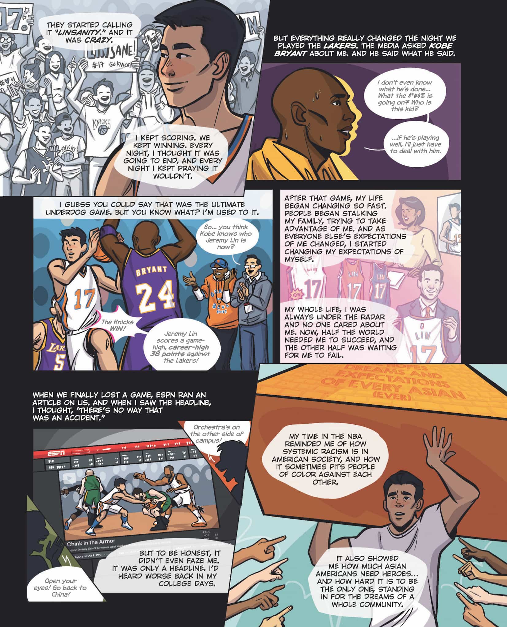 Four page graphic novel sequence chronicles the ups and downs of Jeremy Lin's basketball career, from "Linsanity" to its aftermath.