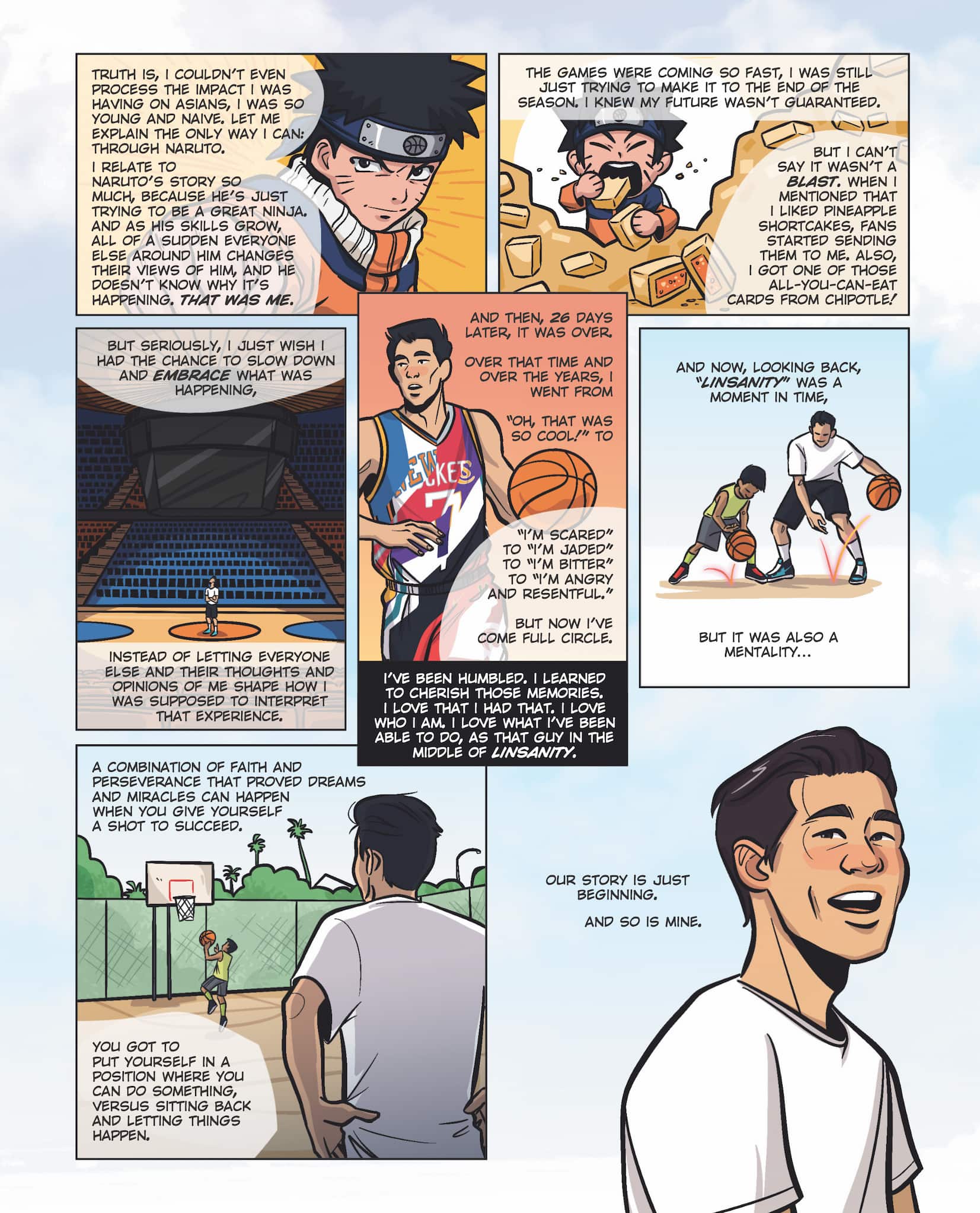 Four page graphic novel sequence chronicles the ups and downs of Jeremy Lin's basketball career, from "Linsanity" to its aftermath.