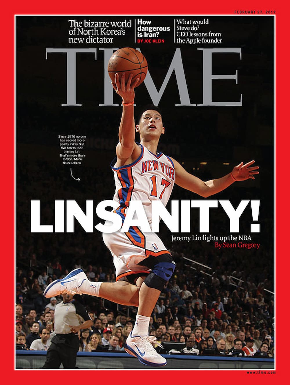 TIME cover with the word "Linsanity!" in bold. Behind the text, Jeremy Lin, wearing a Knicks jersey, is suspended mid-jump with basketball in hand.
