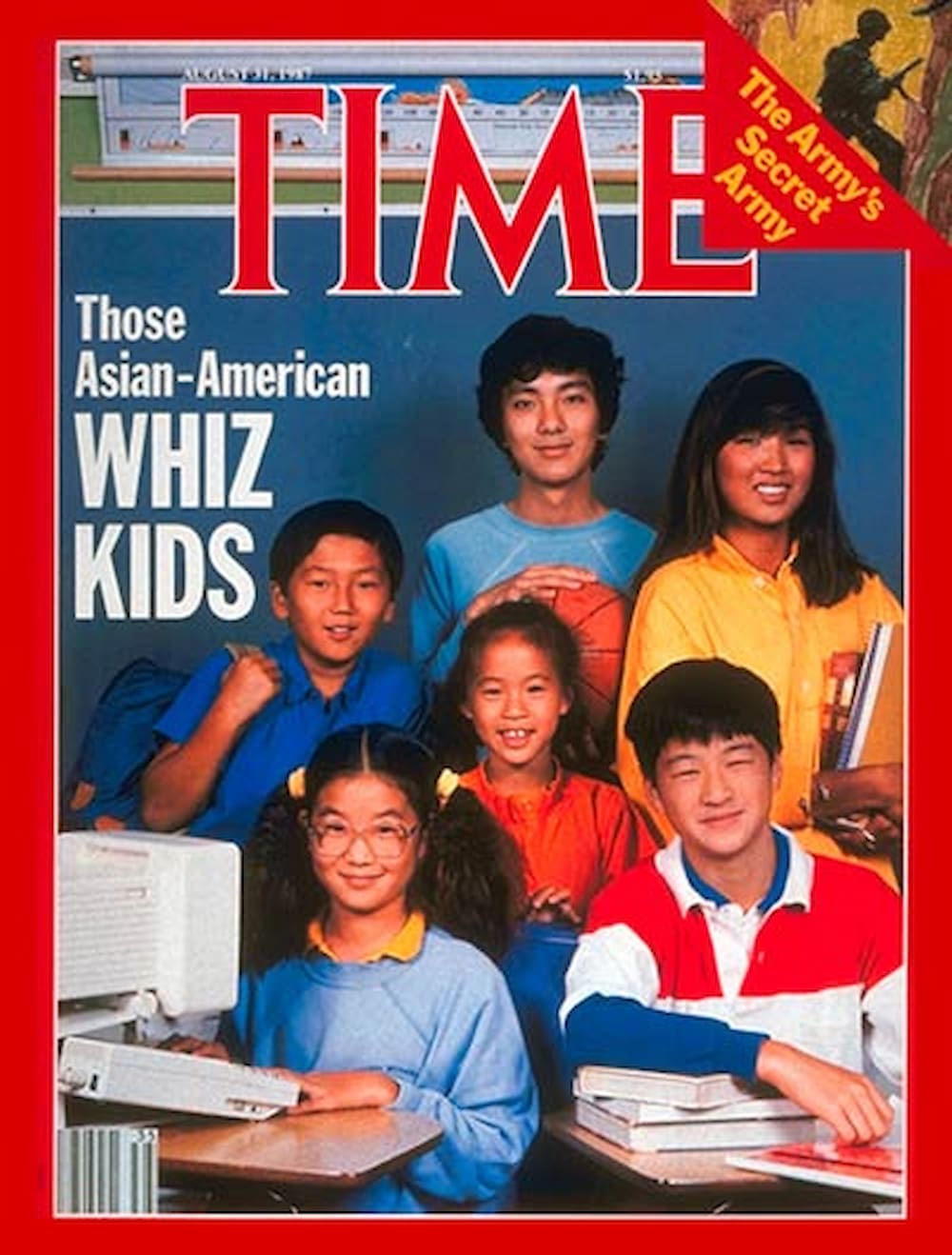TIME magazine cover entitled, "Those Asian American Whiz Kids." Six Asian American students pose, sitting and standing, in classroom.
