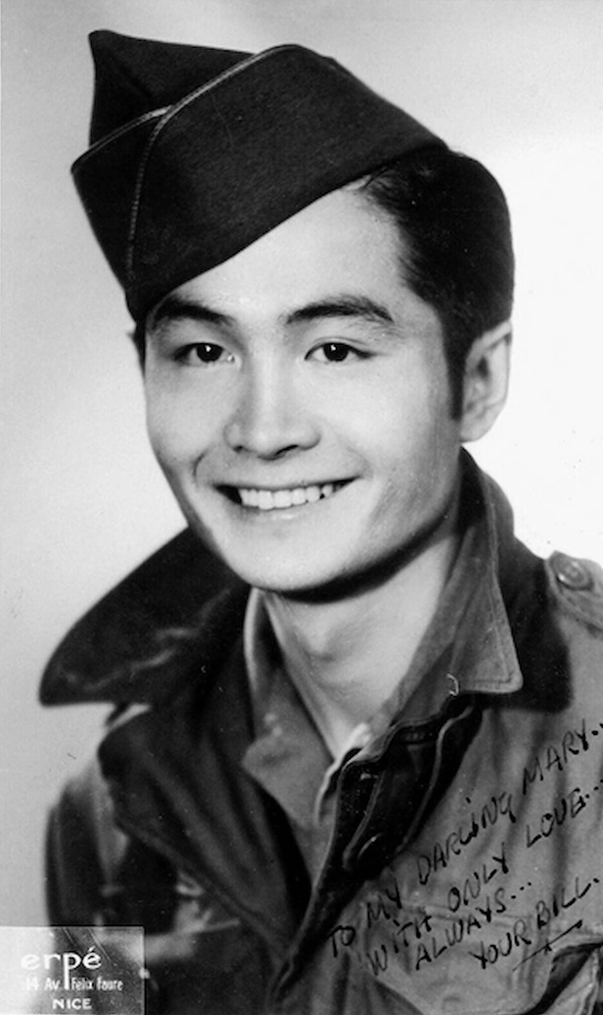 Portrait of Japanese American Bill Kochiyama, dressed in U.S. Army uniform, with a note, “To my darling Mary..With only love..Always..Your Bill.”