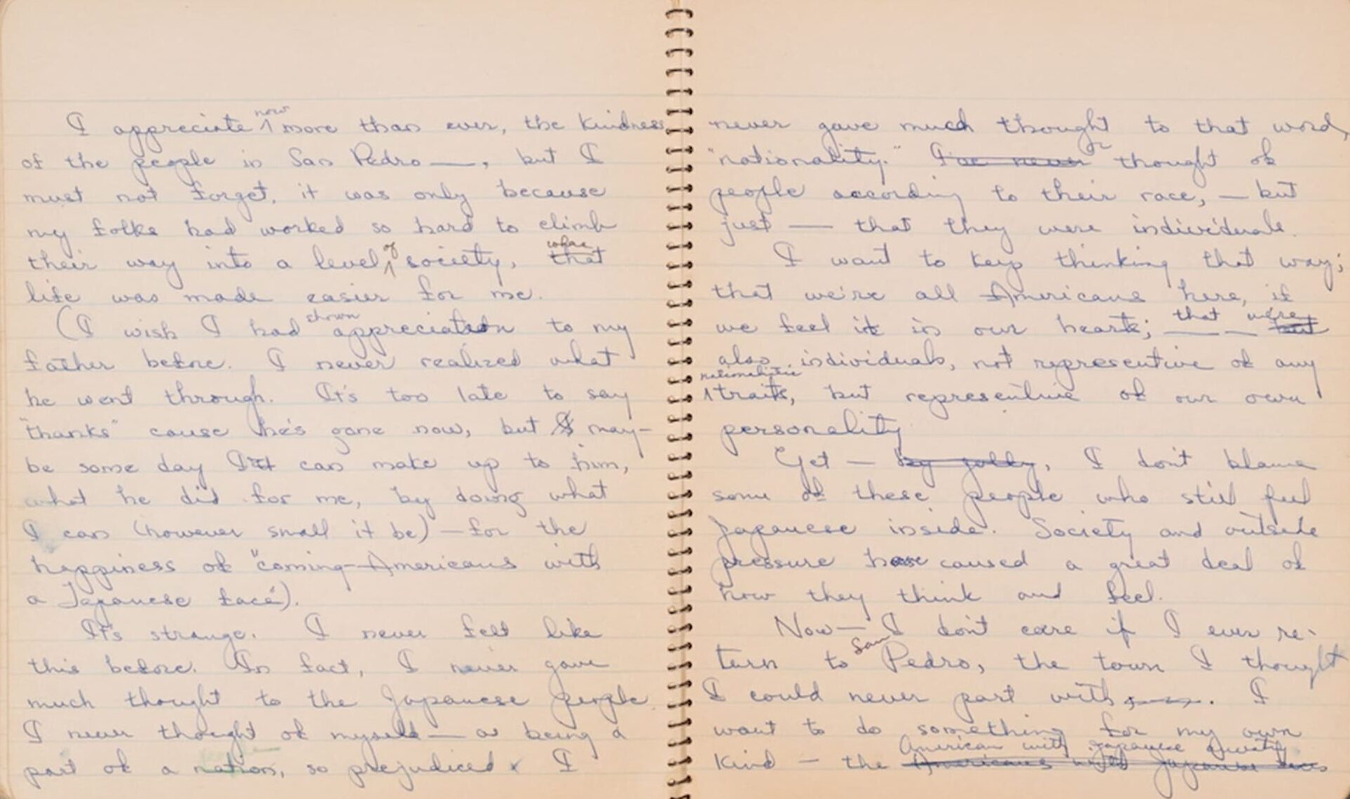 Two pages from Yuri Kochiyama's diary. She laments her dad's struggles as a Japanese man in America. She thinks about being Japanese American.