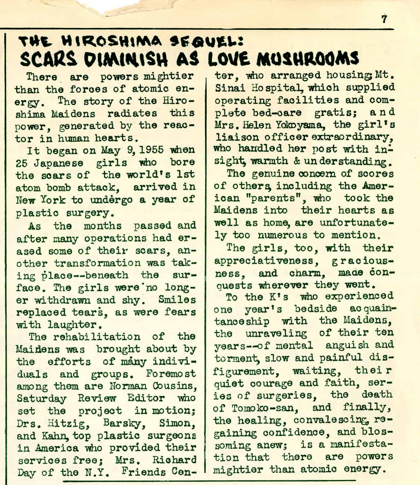 Page from Kochiyama Christmas Cheer newsletter entitled, "The Hiroshima Sequel: Scars Diminish as Love Mushrooms" referring to the Hiroshima Maidens.