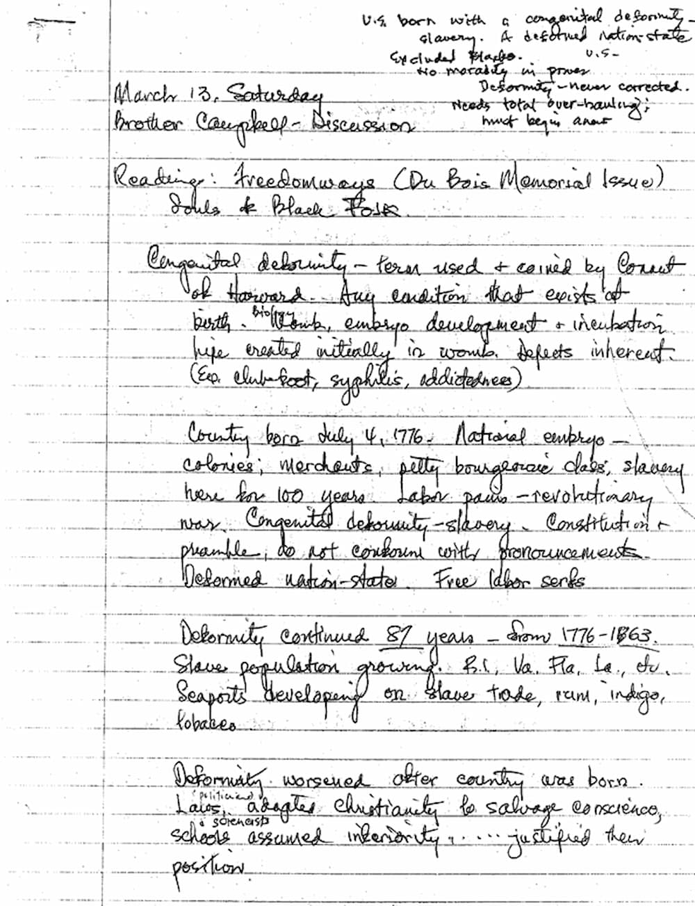 Kochiyama's handwritten notes on lined paper show her main takeaways from lecture held by the OAAU Liberation School.