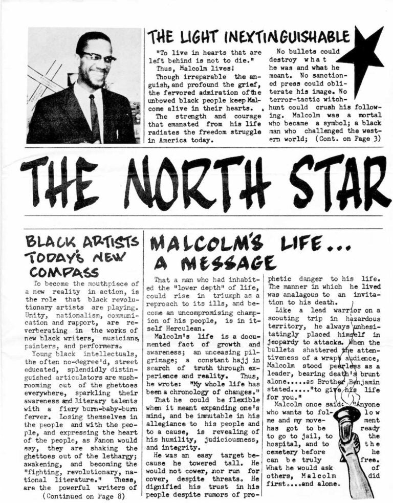 Page from the Kochiyama family's North Star newsletter. At the top is a photo of Malcolm X smiling in a suit and tie followed by three typed articles.