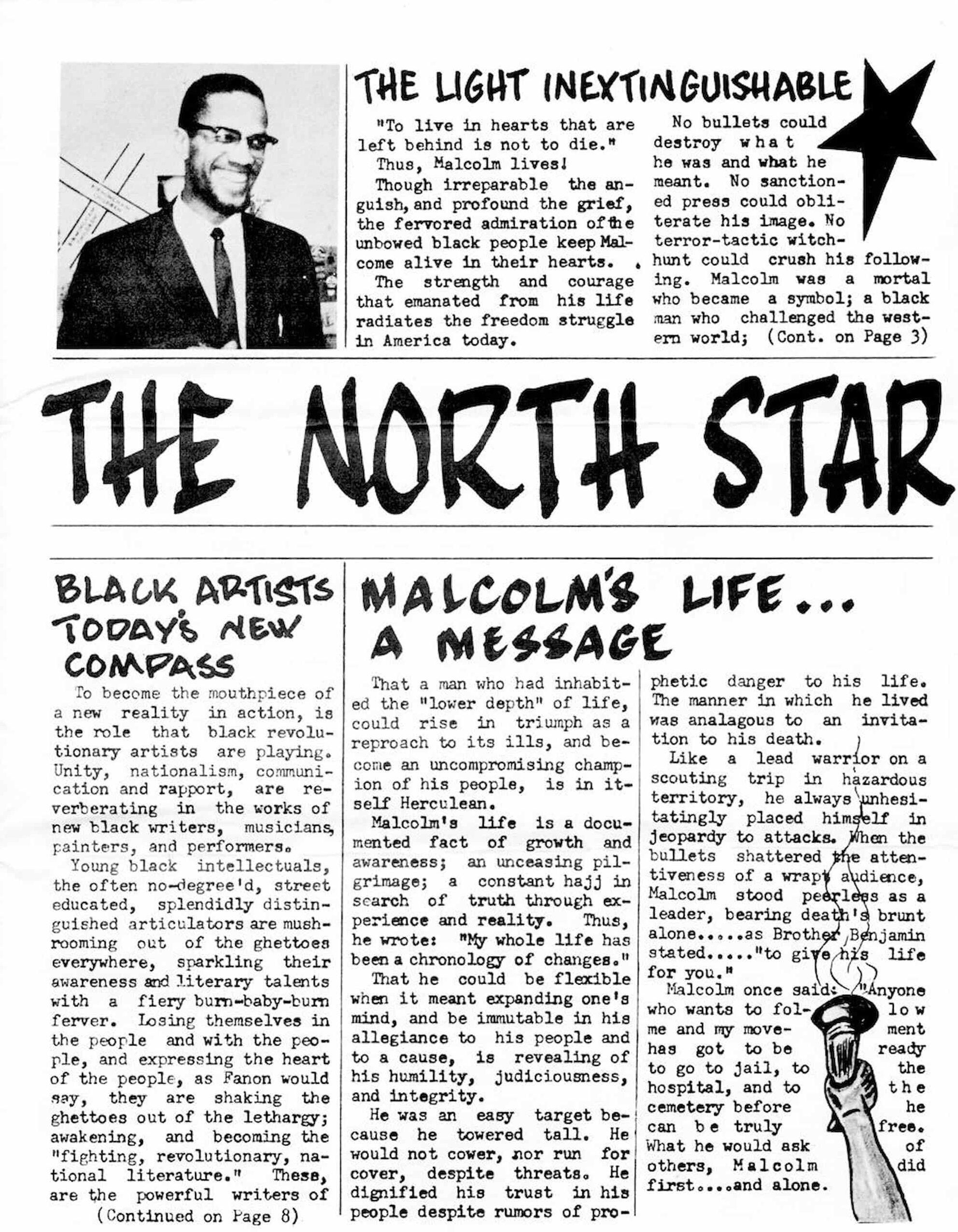 Page from the Kochiyama family's North Star newsletter. At the top is a photo of Malcolm X smiling in a suit and tie followed by three typed articles.