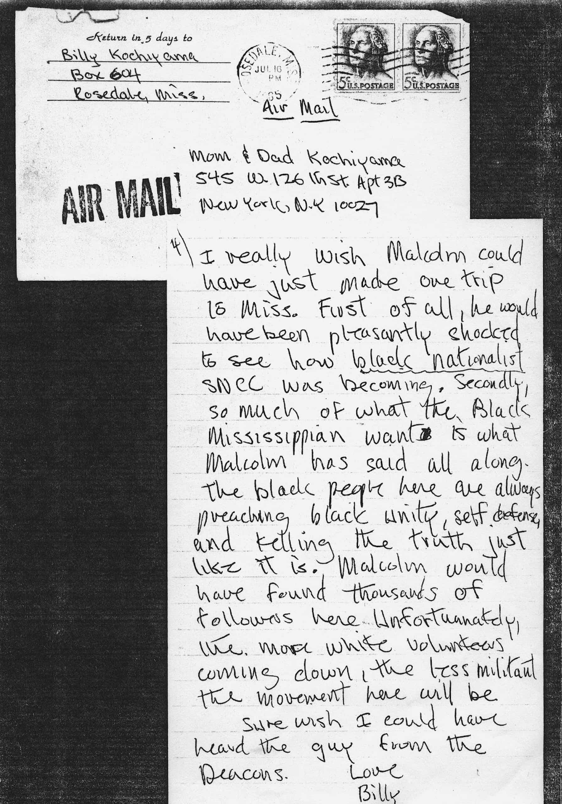 Billy Kochiyama's handwritten letter to this parents, Yuri and Bill, about the Southern Civil Rights Movement. Envelope is addressed to Mom and Dad.