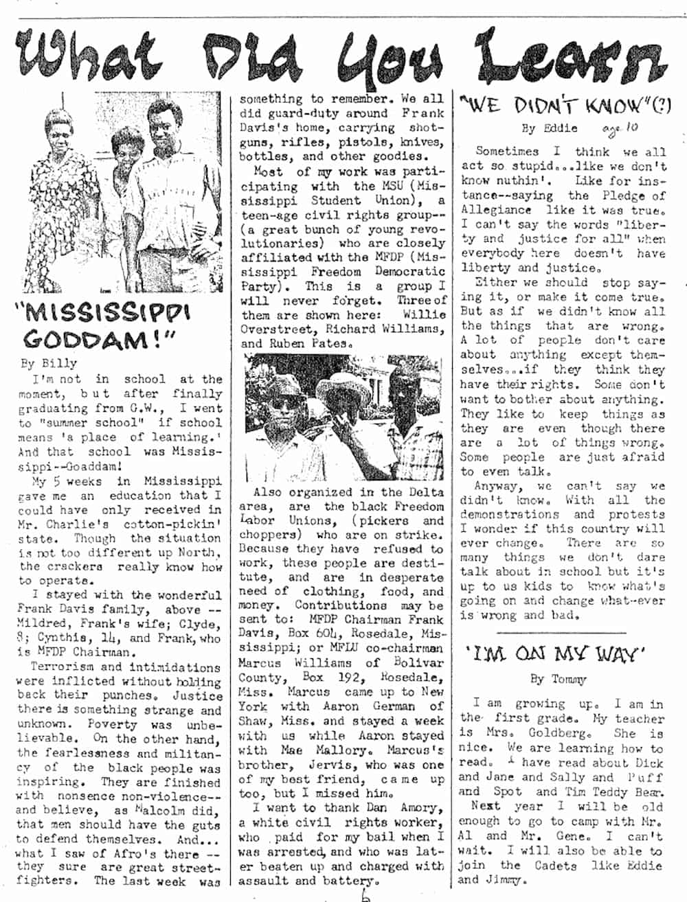 Page from the Kochiyama family Christmas Cheer newsletter entitled, "What Did We Learn" which showcases articles written by the Kochiyama children.