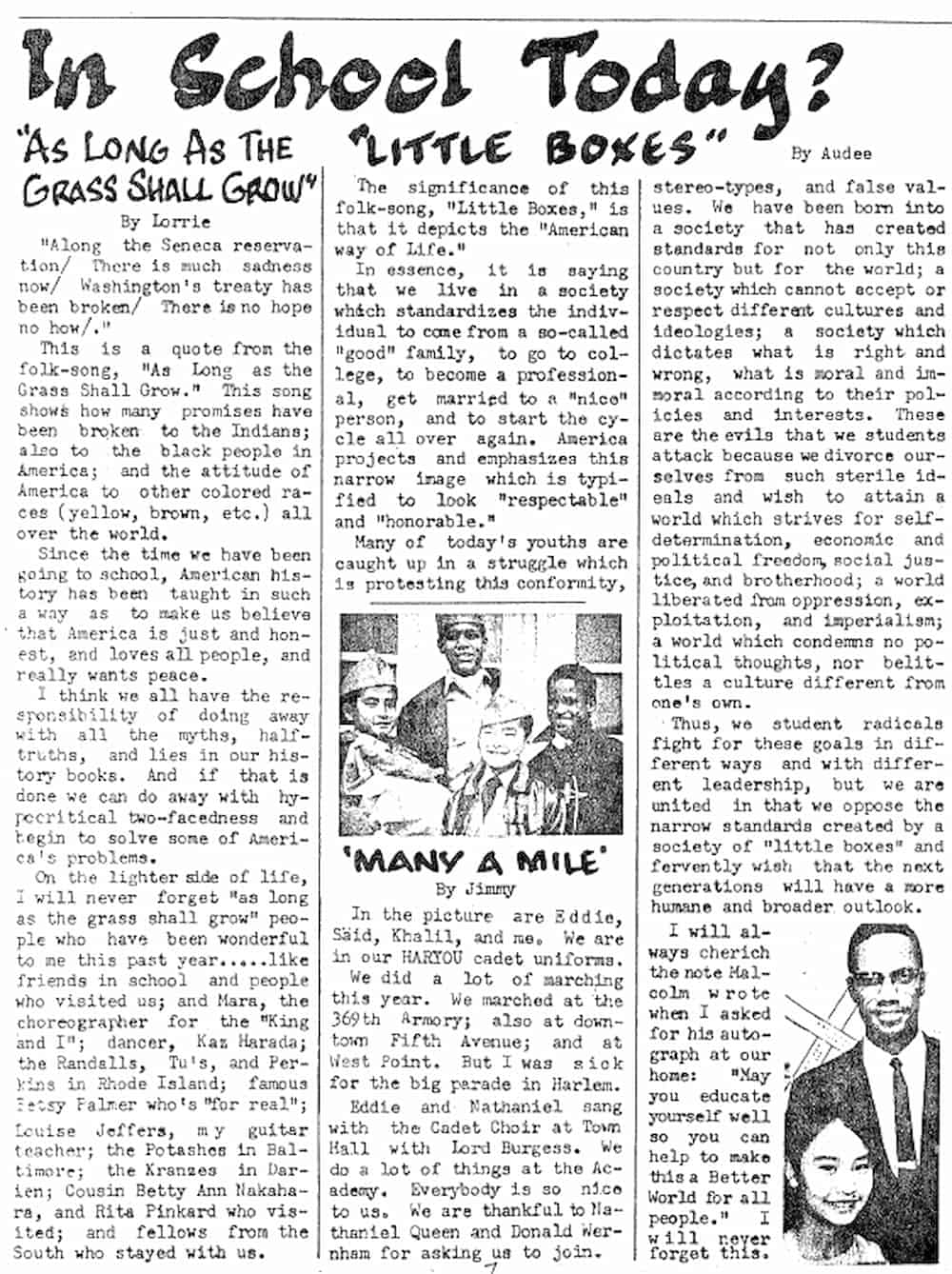 Page from the Kochiyama family Christmas Cheer newsletter entitled, "In School Today?" which showcases articles written by the Kochiyama children.