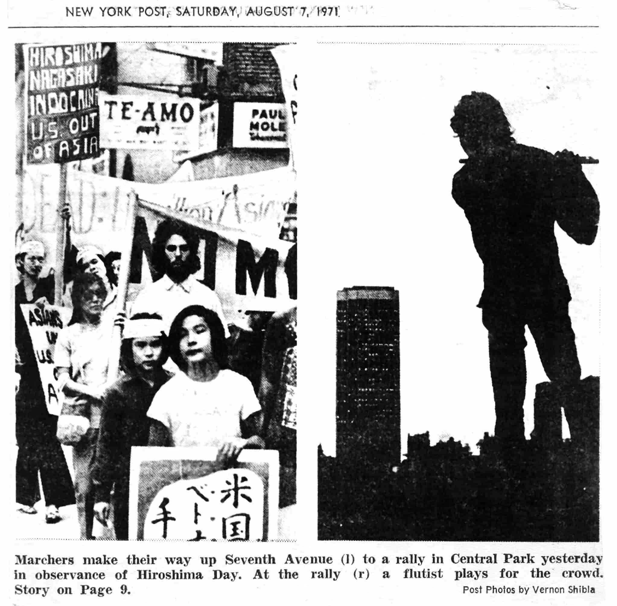 Japanese American siblings Tommy and Jimmy Kochiyama at a rally to commemorate Hiroshima. Adjacent photo is a silhouette of a flutist and skyline.