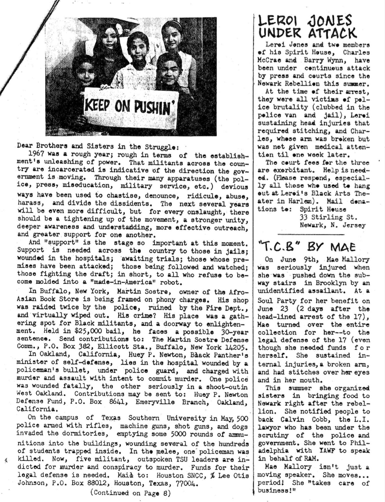 Page from annual newsletter The North Star. Photo of Kochiyama siblings with sign that reads "Keep on Pushin" appears at top, with article below.