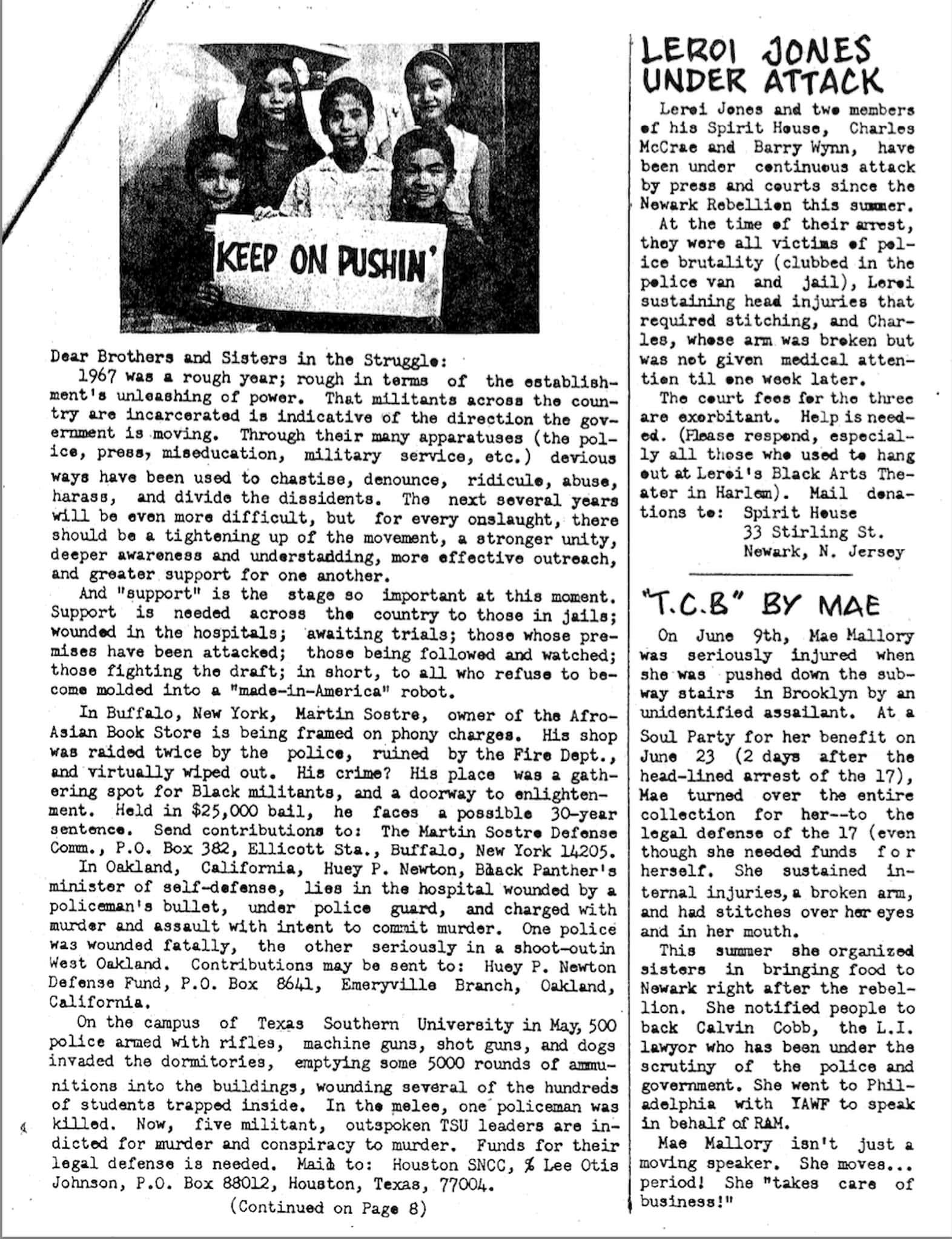Page from annual newsletter The North Star. Photo of Kochiyama siblings with sign that reads "Keep on Pushin" appears at top, with article below.
