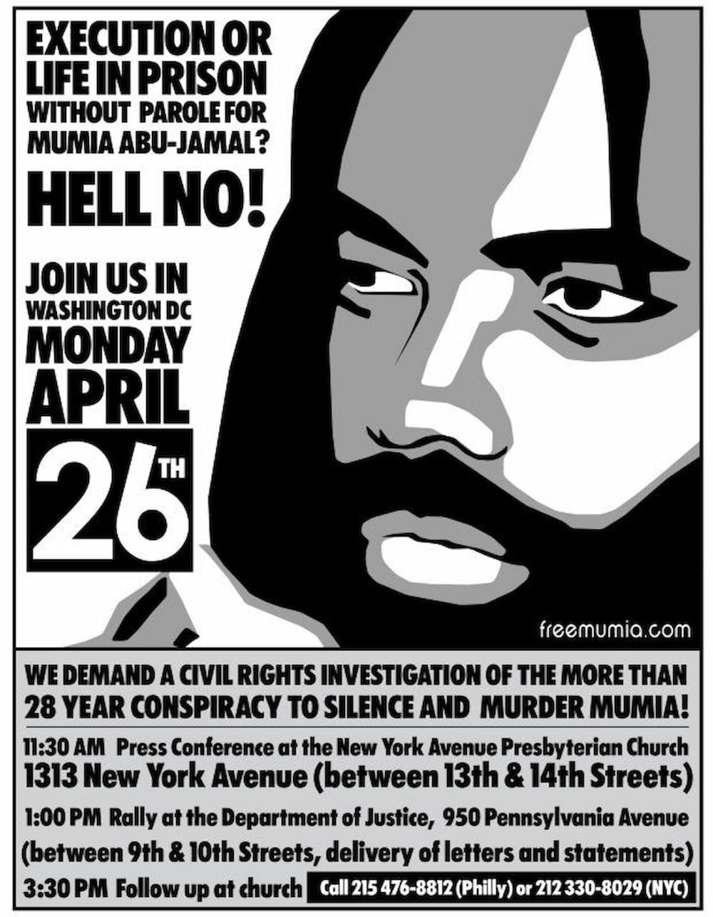 Poster in support of a new trial for African American activist Mumia Abu-Jamal. Poster features a drawing of his face and a schedule for a rally.