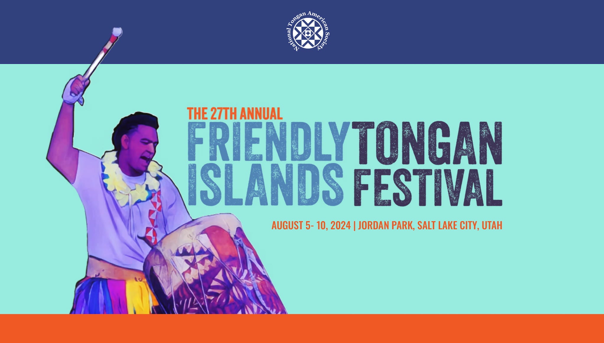 Brightly colored graphic advertising the Friendly Islands Tongan Festival. Photo of drummer with drumstick raised to strike appears beside text.