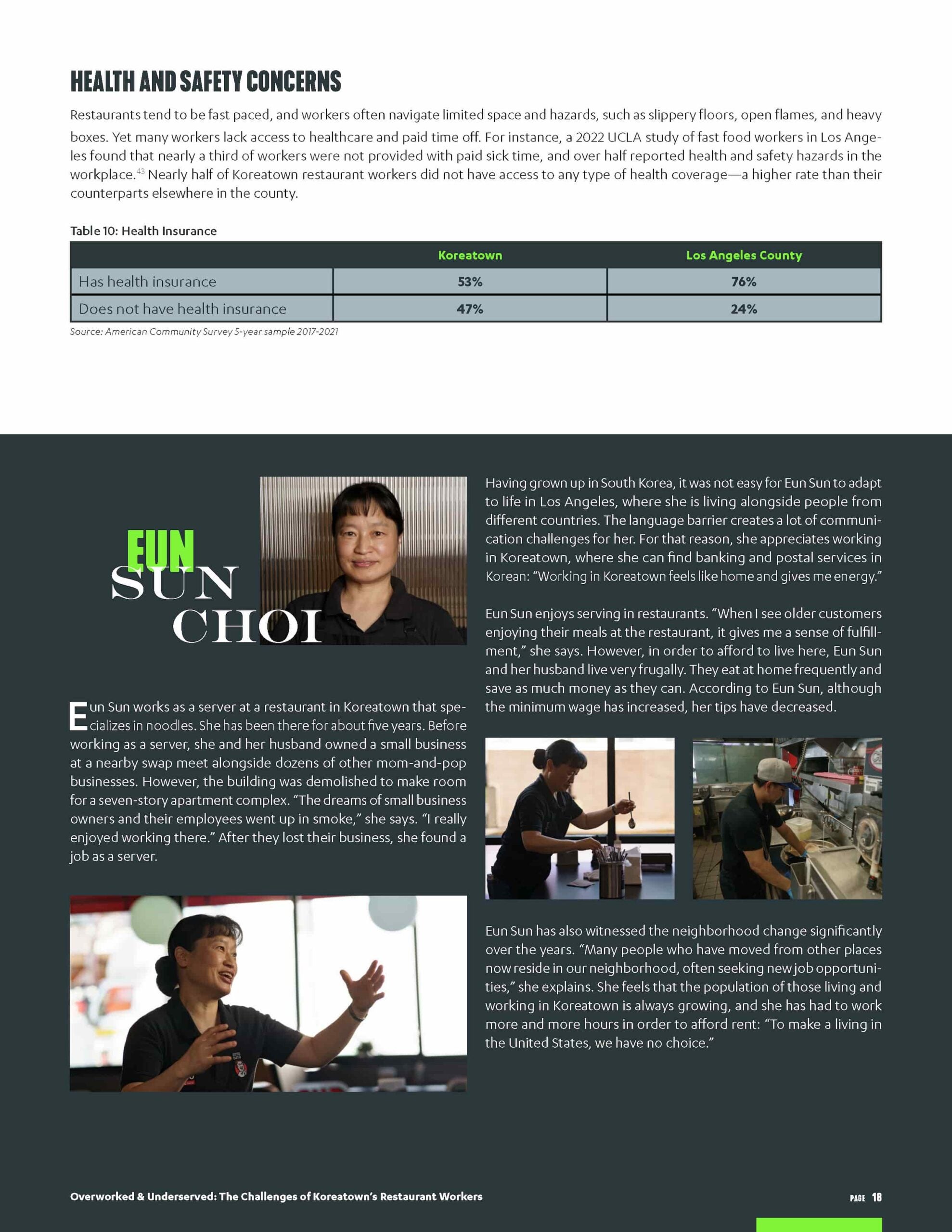 Article about Eun Sun Choi, a Korean restaurant worker. Photos of Eun Sun at work and a photo of a man washing dishes are shown alongside text.