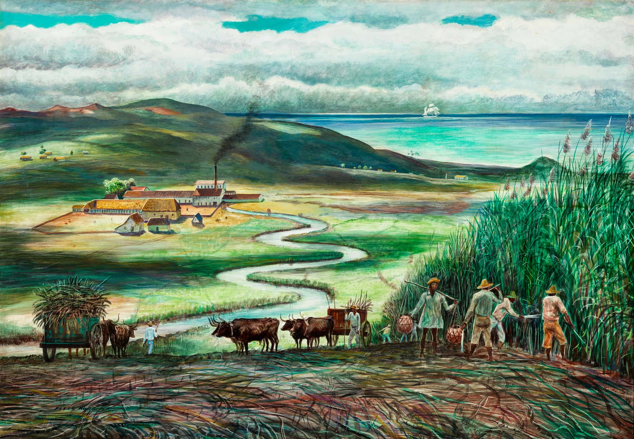 Painting of a vibrant sugarcane plantation and a snaking river that leads to a mill. Workers harvest sugarcane and use oxen to pull wagons.