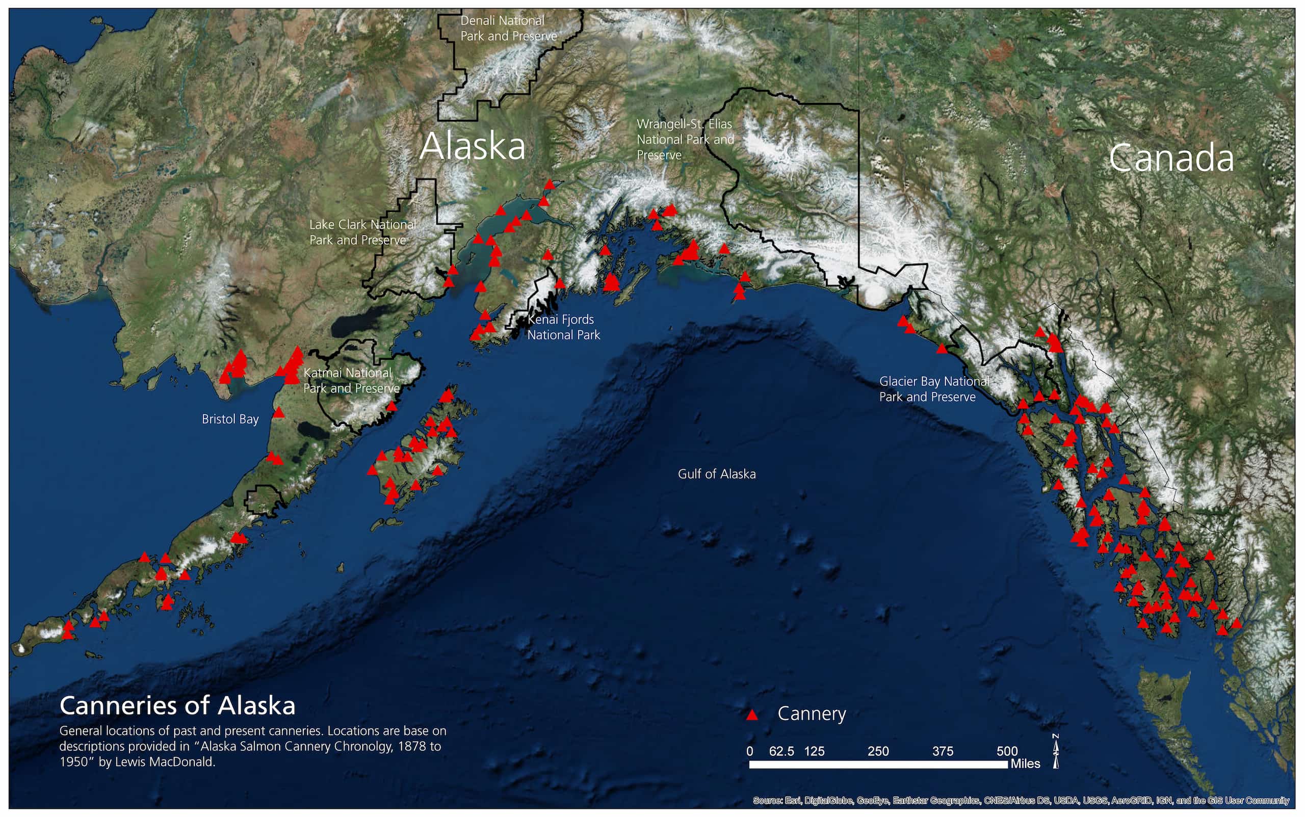 Map of the southeastern coast of Alaska with red triangles denoting the general locations of past and present canneries.