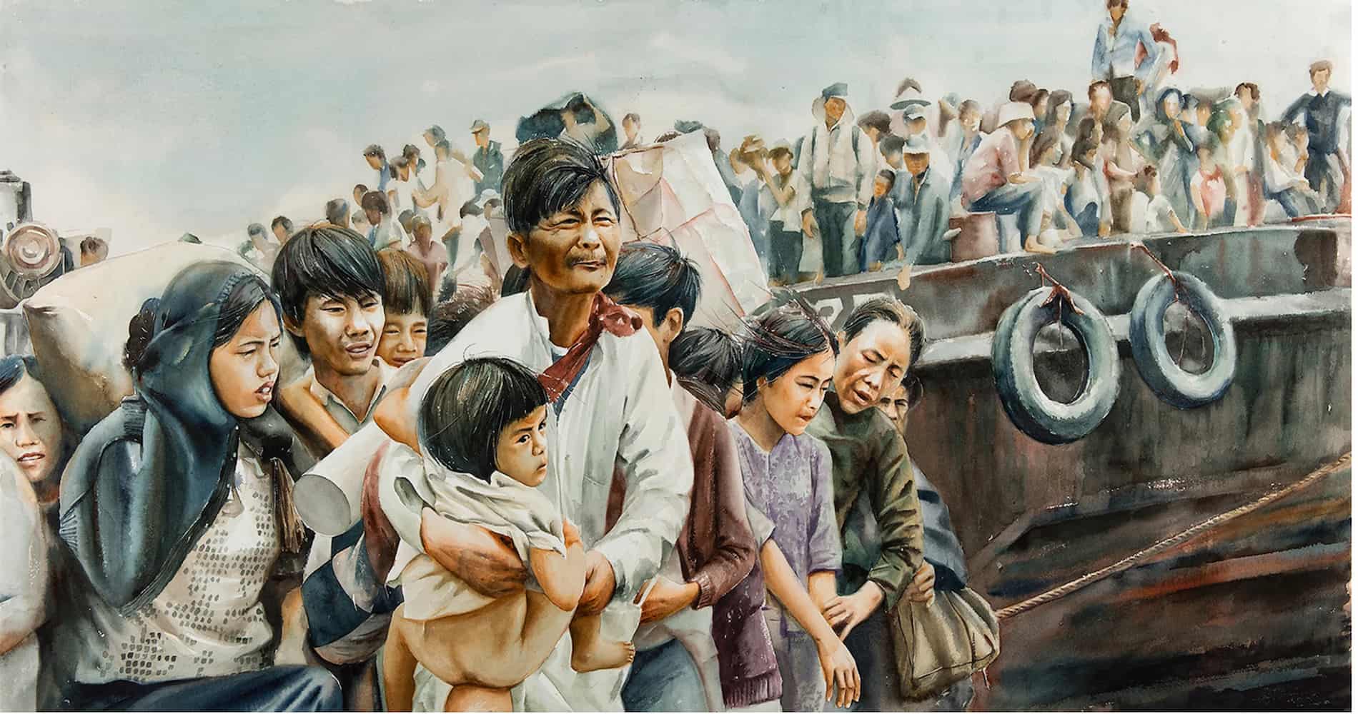 Watercolor painting that shows a weary Vietnamese refugee family disembarking from a crowded boat. Behind them, more refugees wait to disembark.