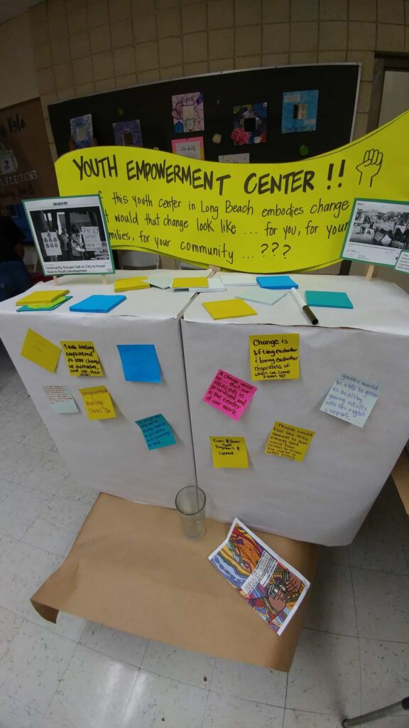 Display made up of two white blocks with sticky notes about community issues on the front. Above is a sign that reads, "Youth Empowerment Center!!"