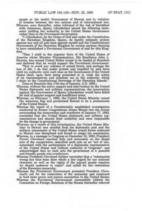 Typed text of Public Law No. 103-150, wherein the U.S. apologizes to Native Hawaiians for overthrowing the Kingdom of Hawaiʻi a hundred years earlier.