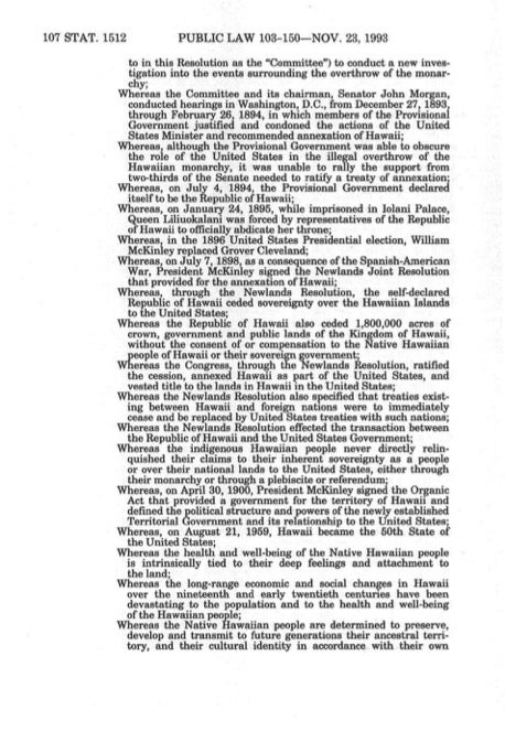 Typed text of Public Law No. 103-150, wherein the U.S. apologizes to Native Hawaiians for overthrowing the Kingdom of Hawaiʻi a hundred years earlier.