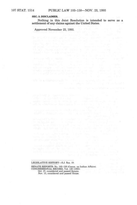 Typed text of Public Law No. 103-150, wherein the U.S. apologizes to Native Hawaiians for overthrowing the Kingdom of Hawaiʻi a hundred years earlier.
